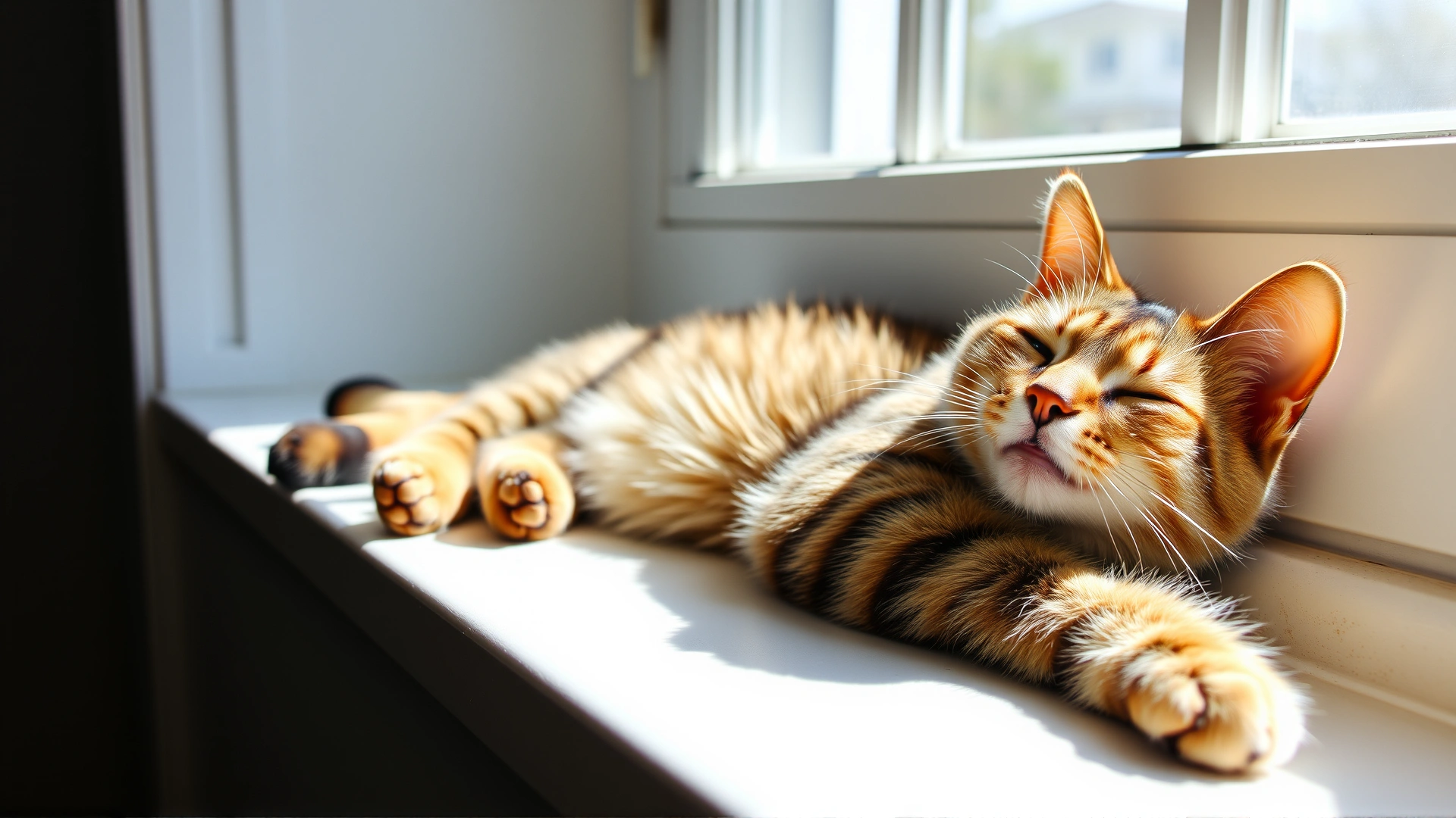 Healthy, playful cat lounging on a sunny windowsill looking relaxed and content, symbolizing successful recovery.