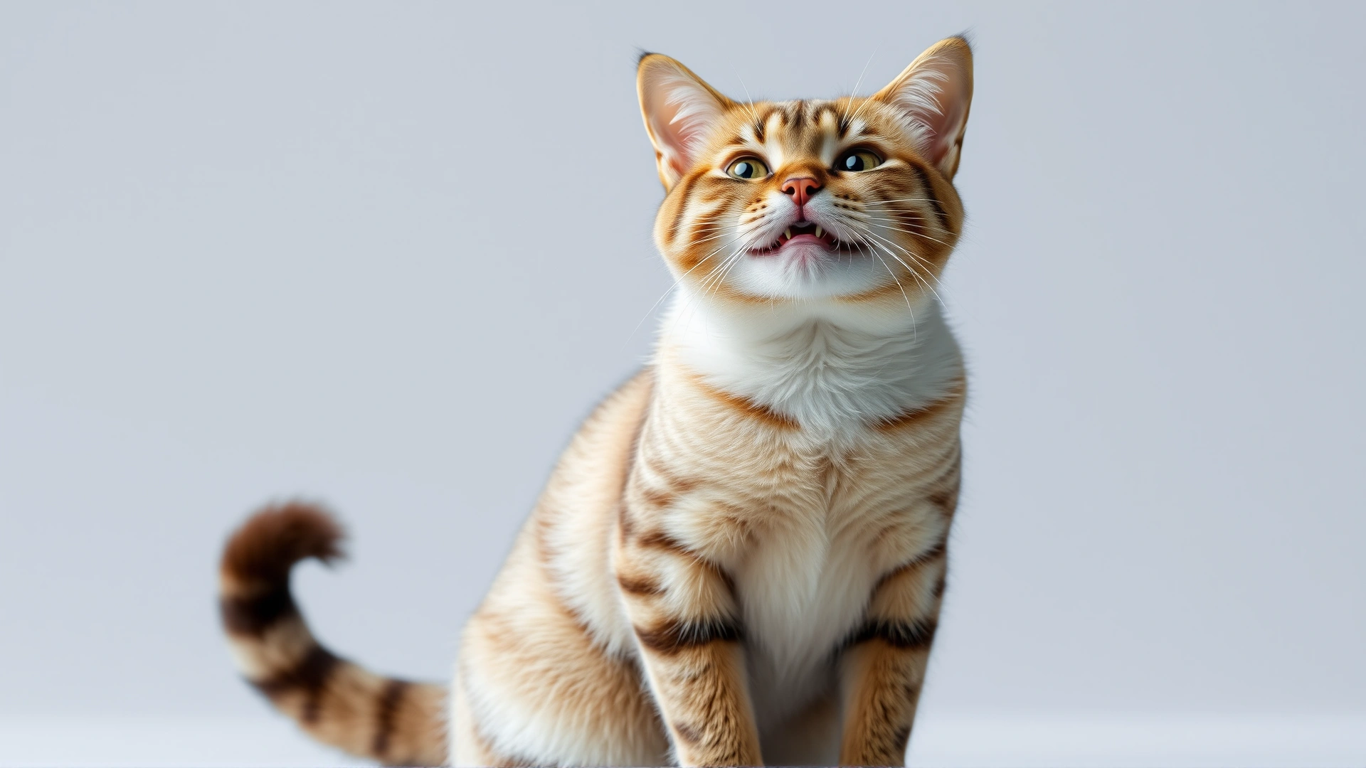 Healthy, content cat sitting upright with a clean, fluffy tail, symbolizing recovery and good health.