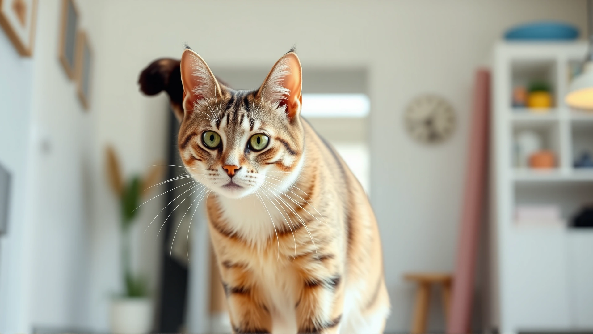 Domestic cat standing with tail upright in a gentle question-mark curve, bright home interior background