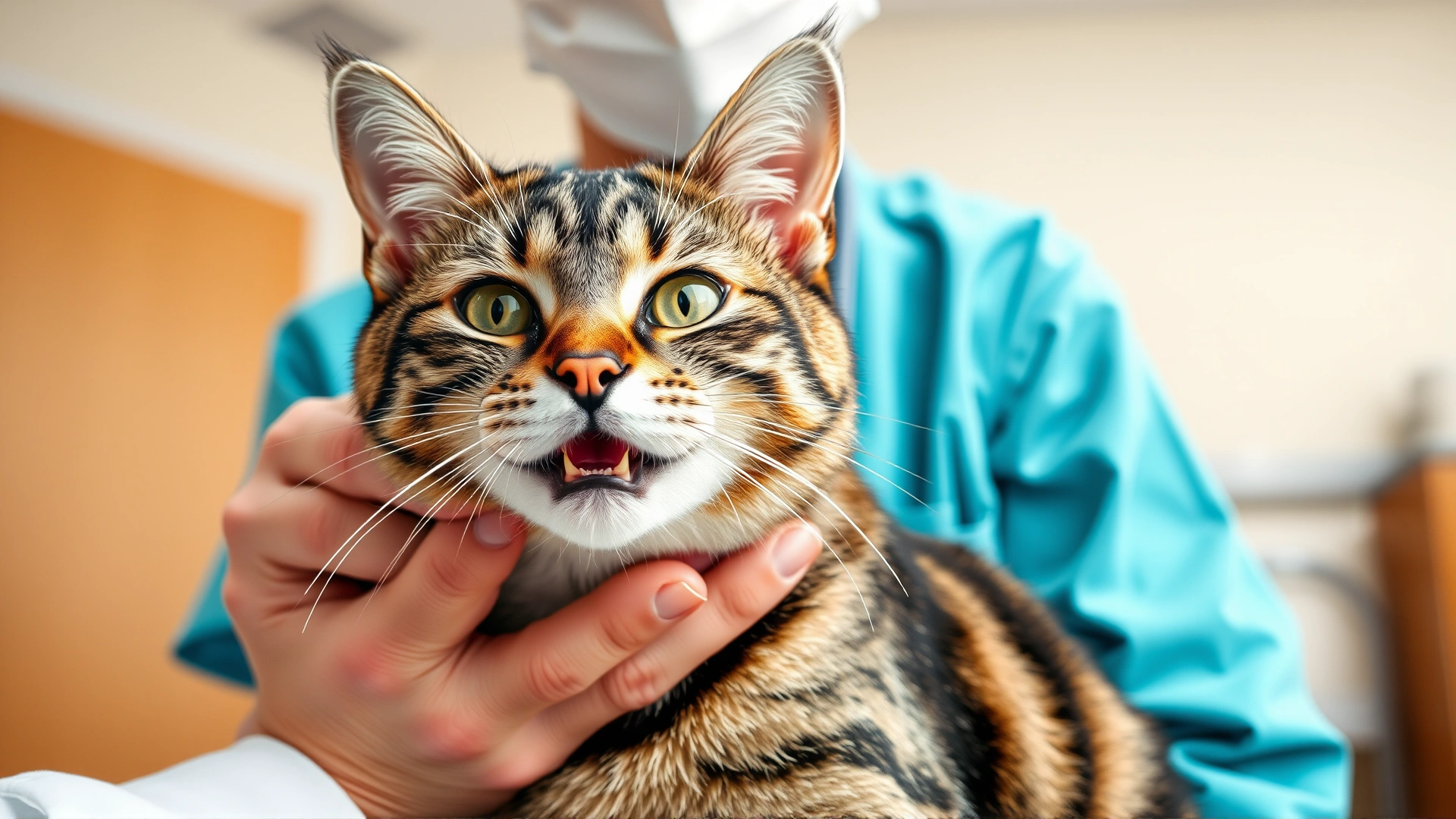 A cheerful-looking tabby cat being gently petted by a veterinarian, illustrating a stress-free vet visit in a clean clinic environment.