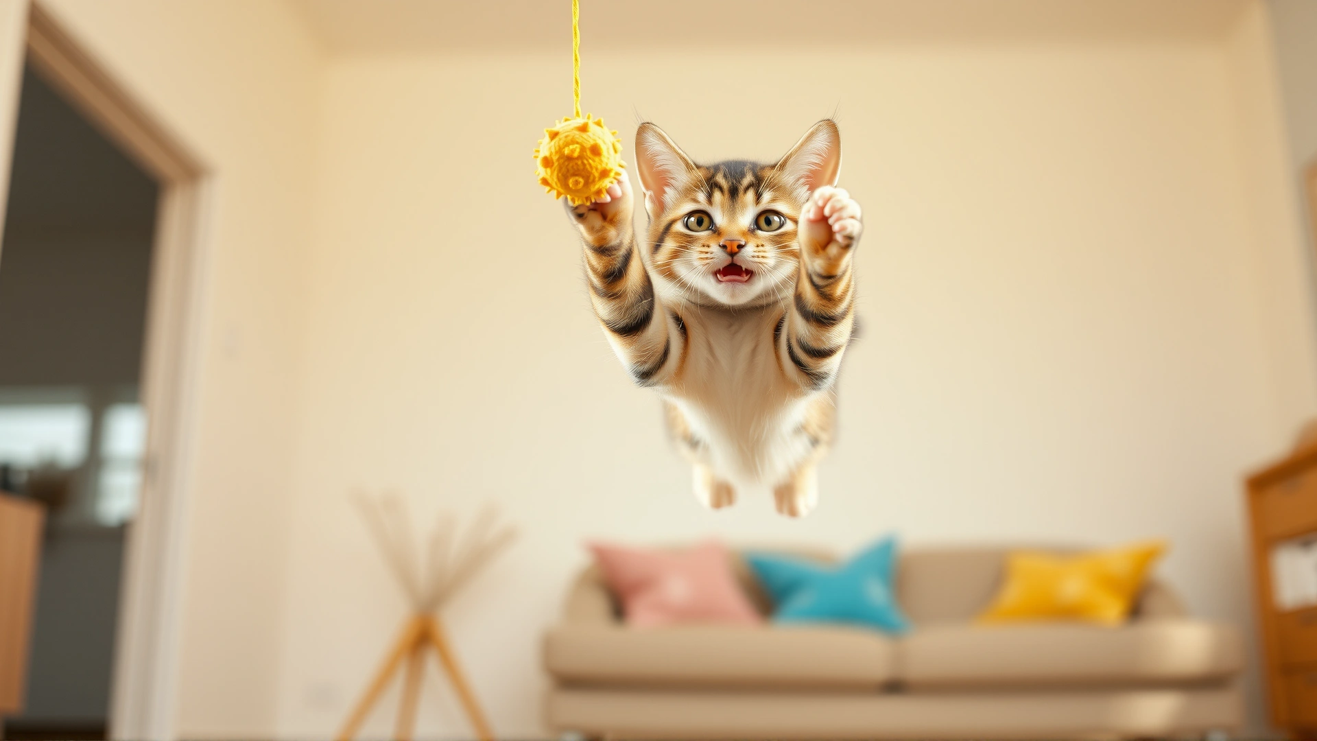 Playful young cat jumping to catch a dangling toy in bright indoor setting, motion captured mid-air