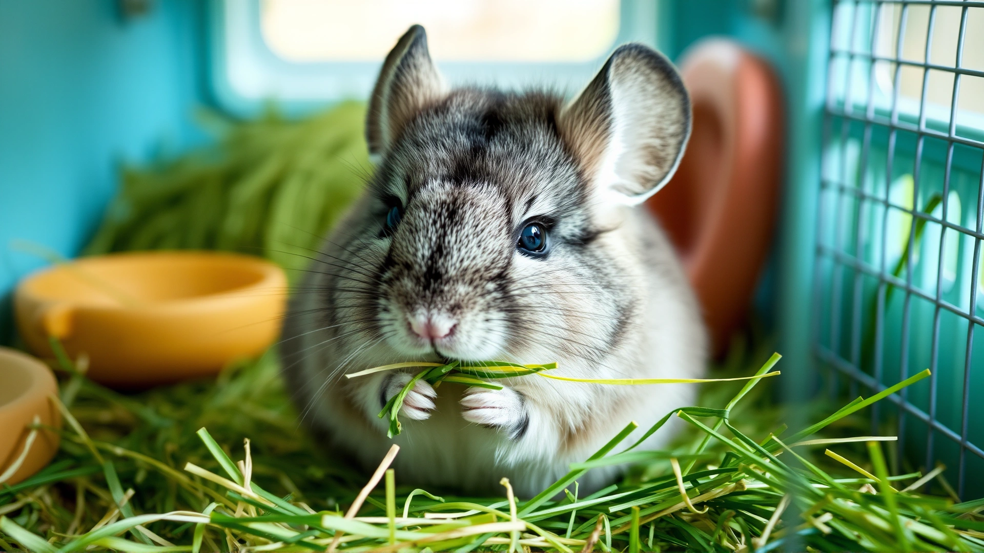 Healthy, happy chinchilla munching on fresh hay in a clean cage, bright and cheerful atmosphere