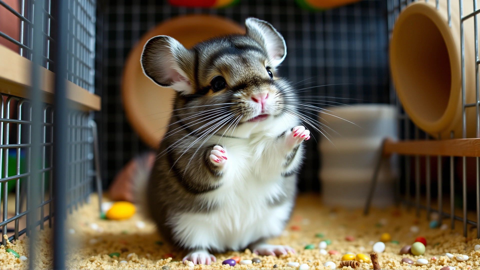 A playful, bright-eyed chinchilla standing on hind legs inside an enriched cage environment, looking healthy and active.