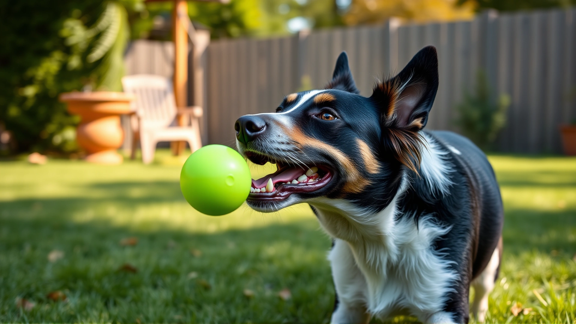 Healthy dog playing fetch with a bright green ball in a sunny backyard, demonstrating vitality after recovery