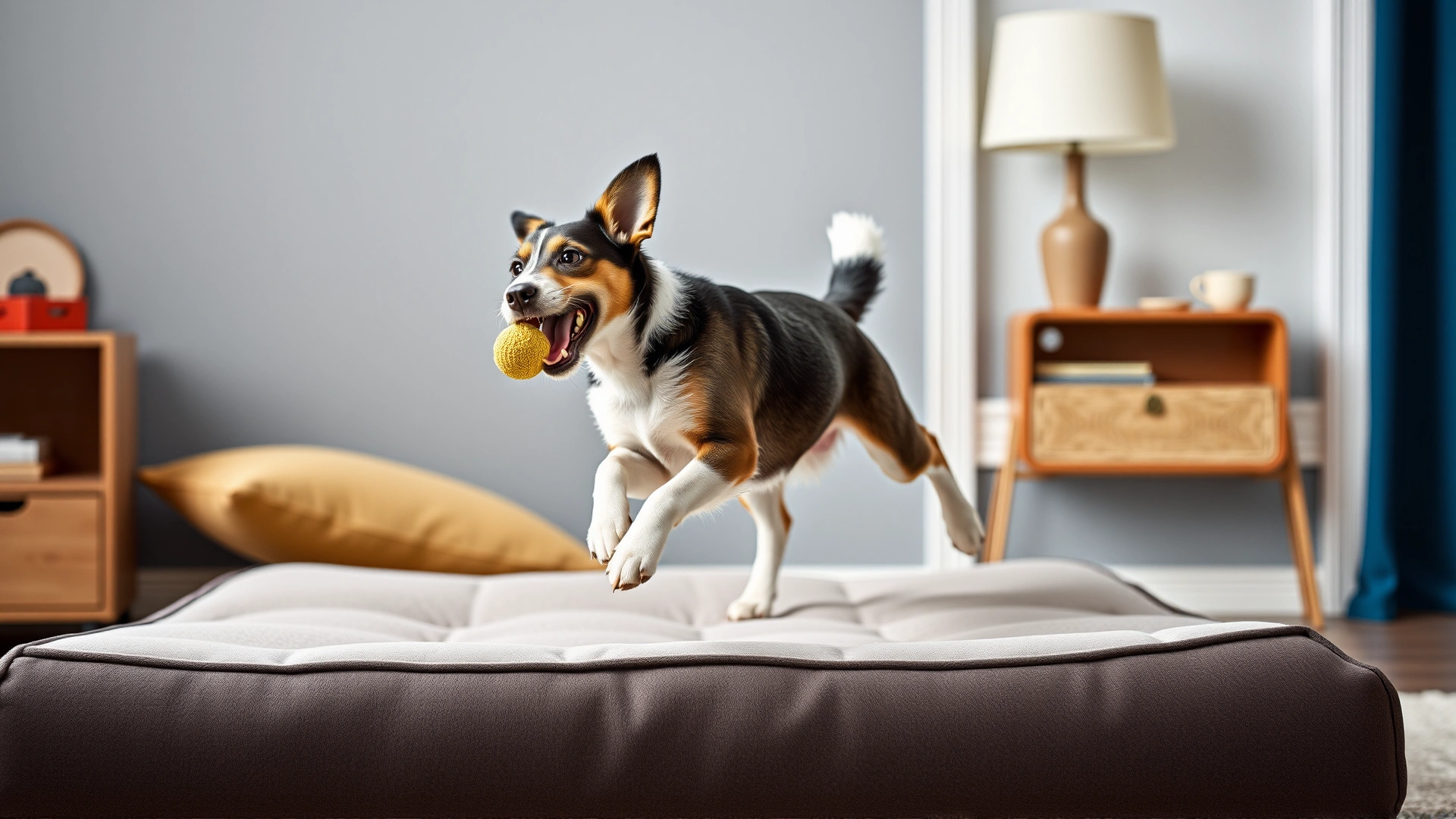 Energetic young dog jumping onto a new orthopedic bed while holding a toy in its mouth