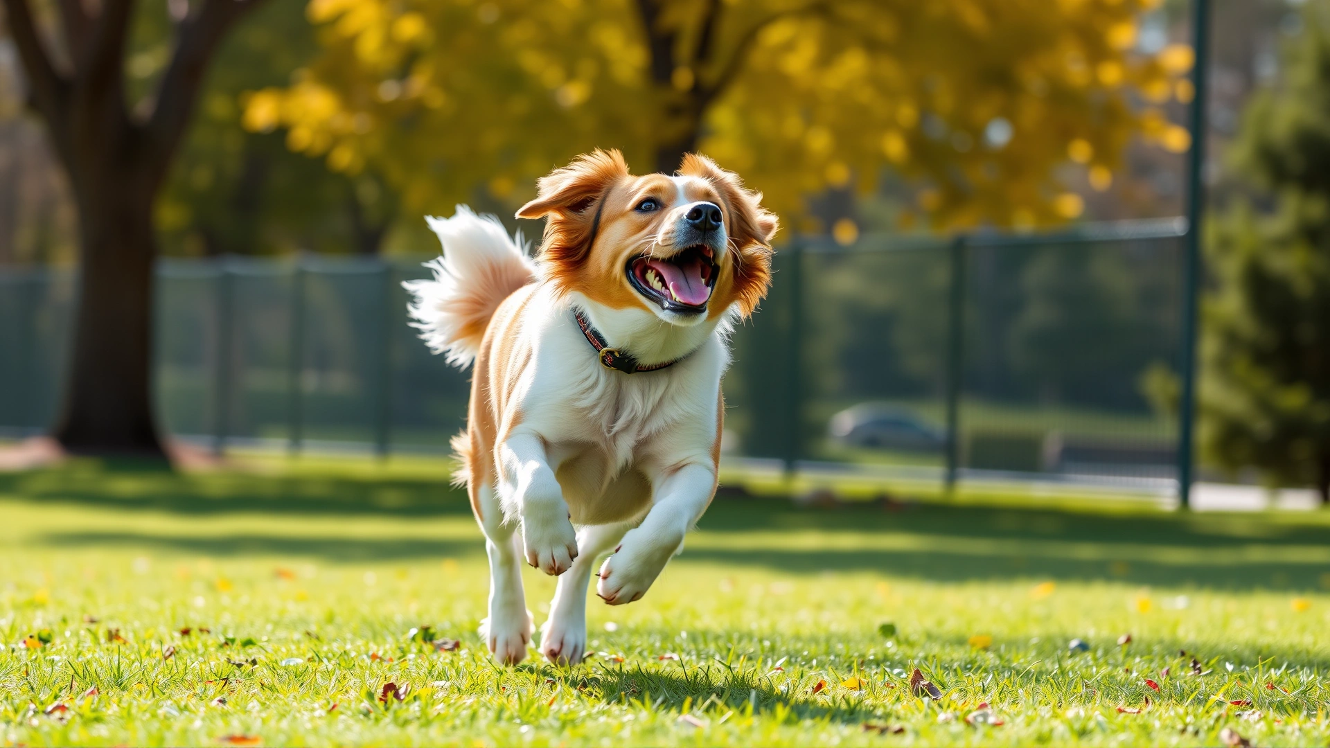 Energetic dog running in a sunny park with a frisbee, symbolizing recovery and wellbeing.