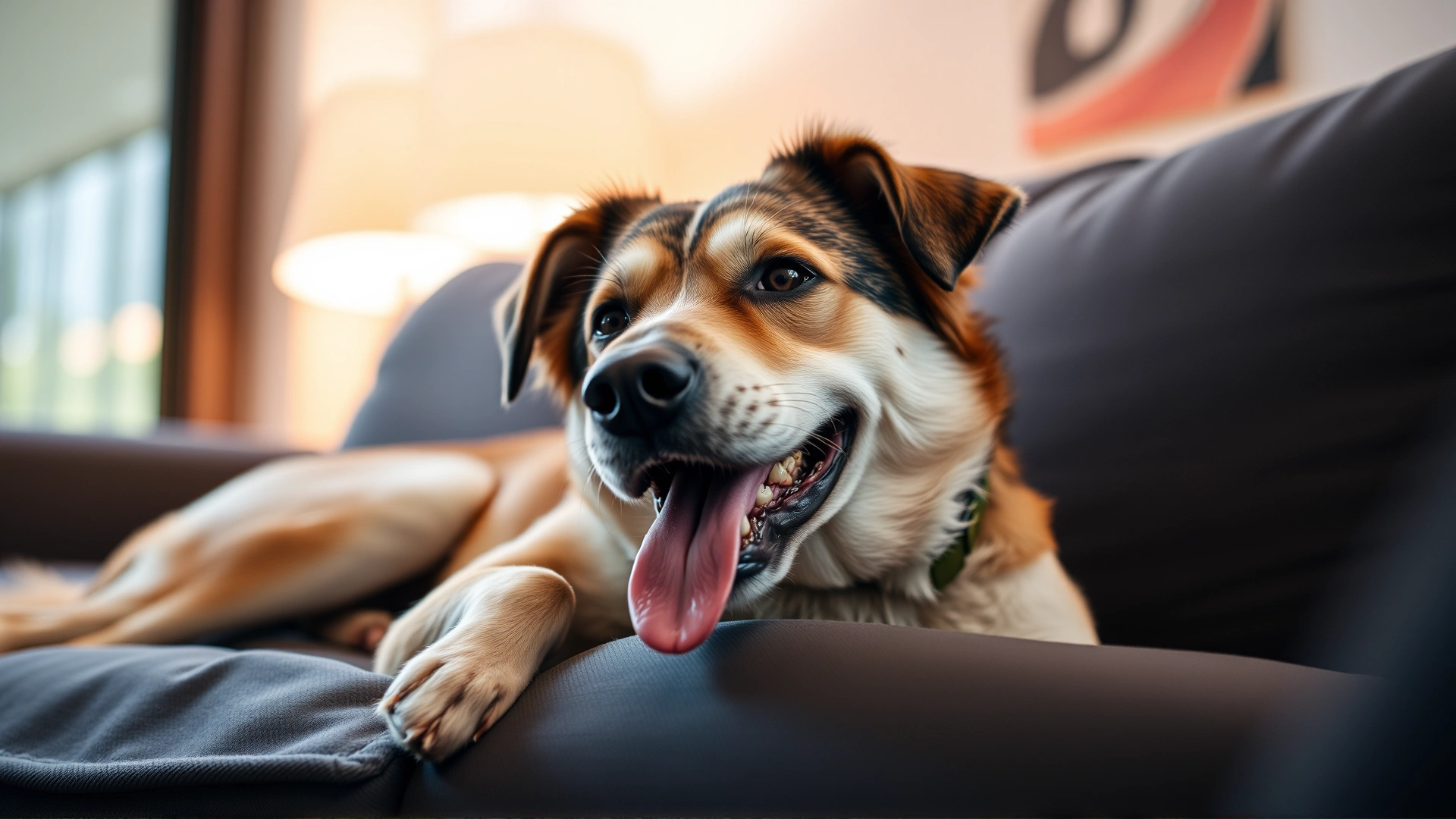 Healthy mixed-breed dog relaxing on a couch indoors, looking content and safe, warm ambient lighting.