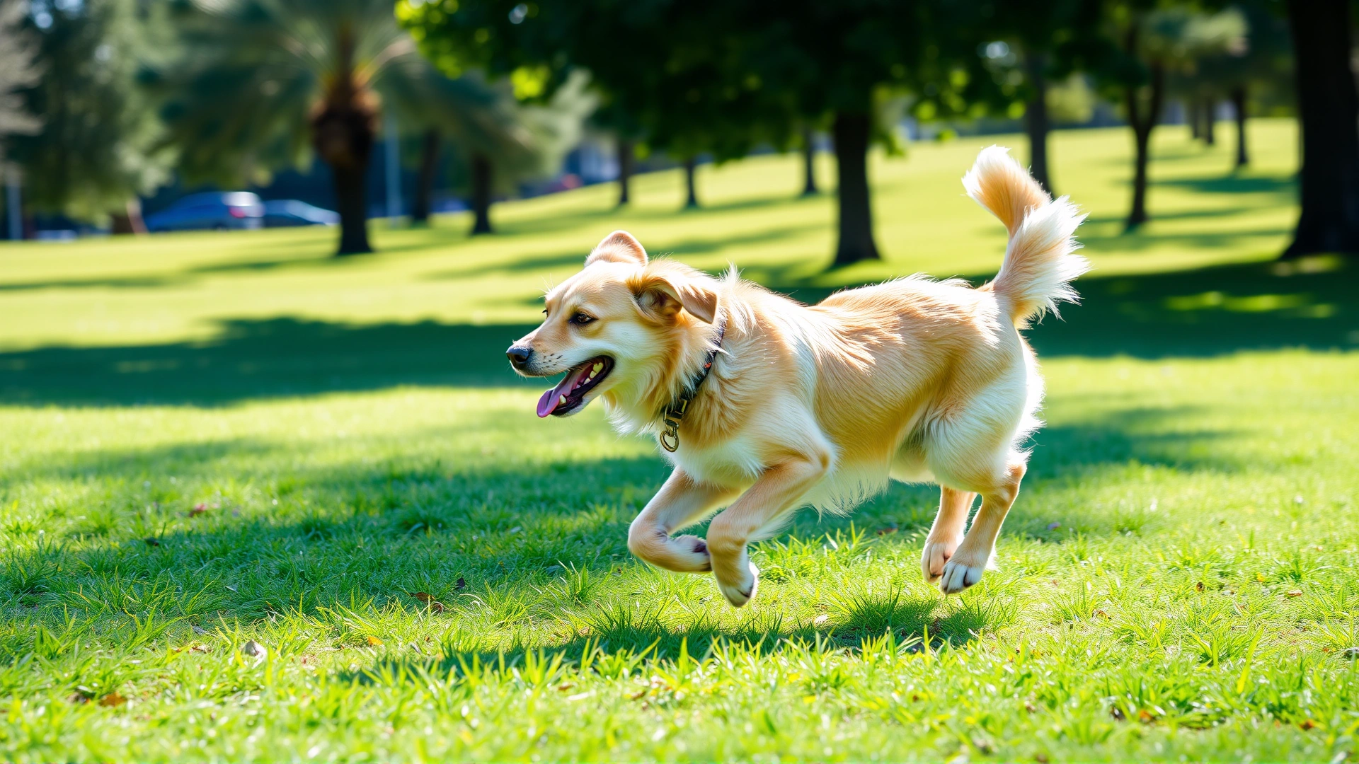Healthy adult dog running energetically across a sunlit park, bright green grass and blue sky in the background.