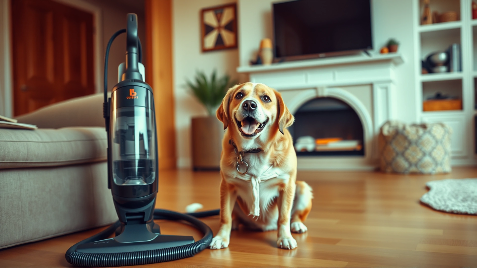 Cheerful dog sitting confidently beside a switched-off vacuum cleaner, looking directly at the camera in a tidy living room. Warm tones, no text.