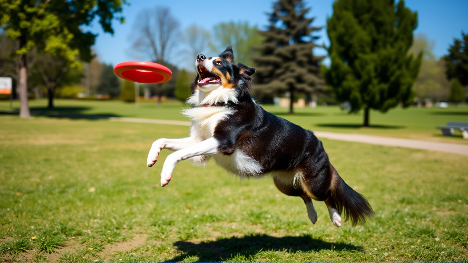 Lean border collie mid-air catching a Frisbee in a sunny park, representing an active and improved quality of life