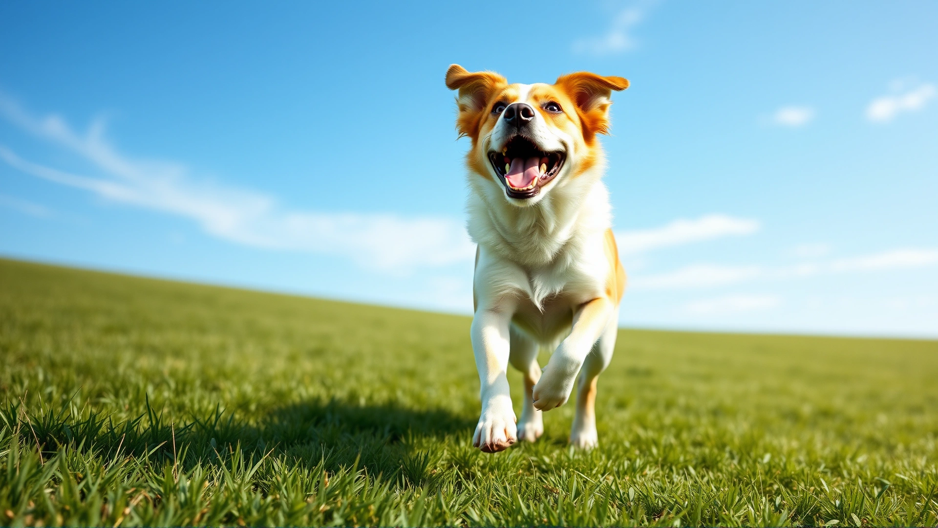 Healthy energetic dog running joyfully across a grassy field under a blue sky, symbolizing recovery and freedom.