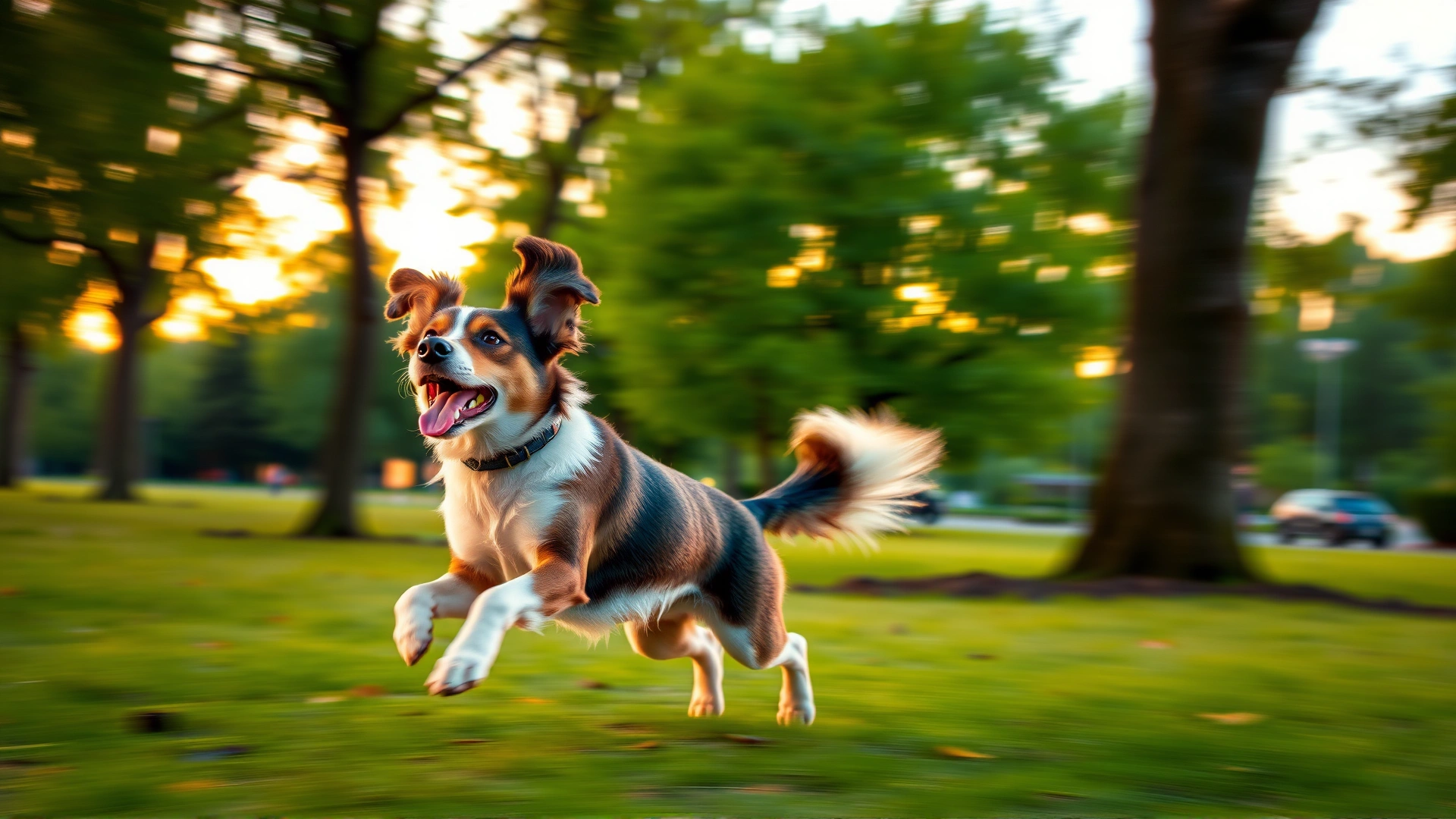 Energetic dog running joyfully in a green park at sunset, motion blur on legs, ears flapping, vibrant colors