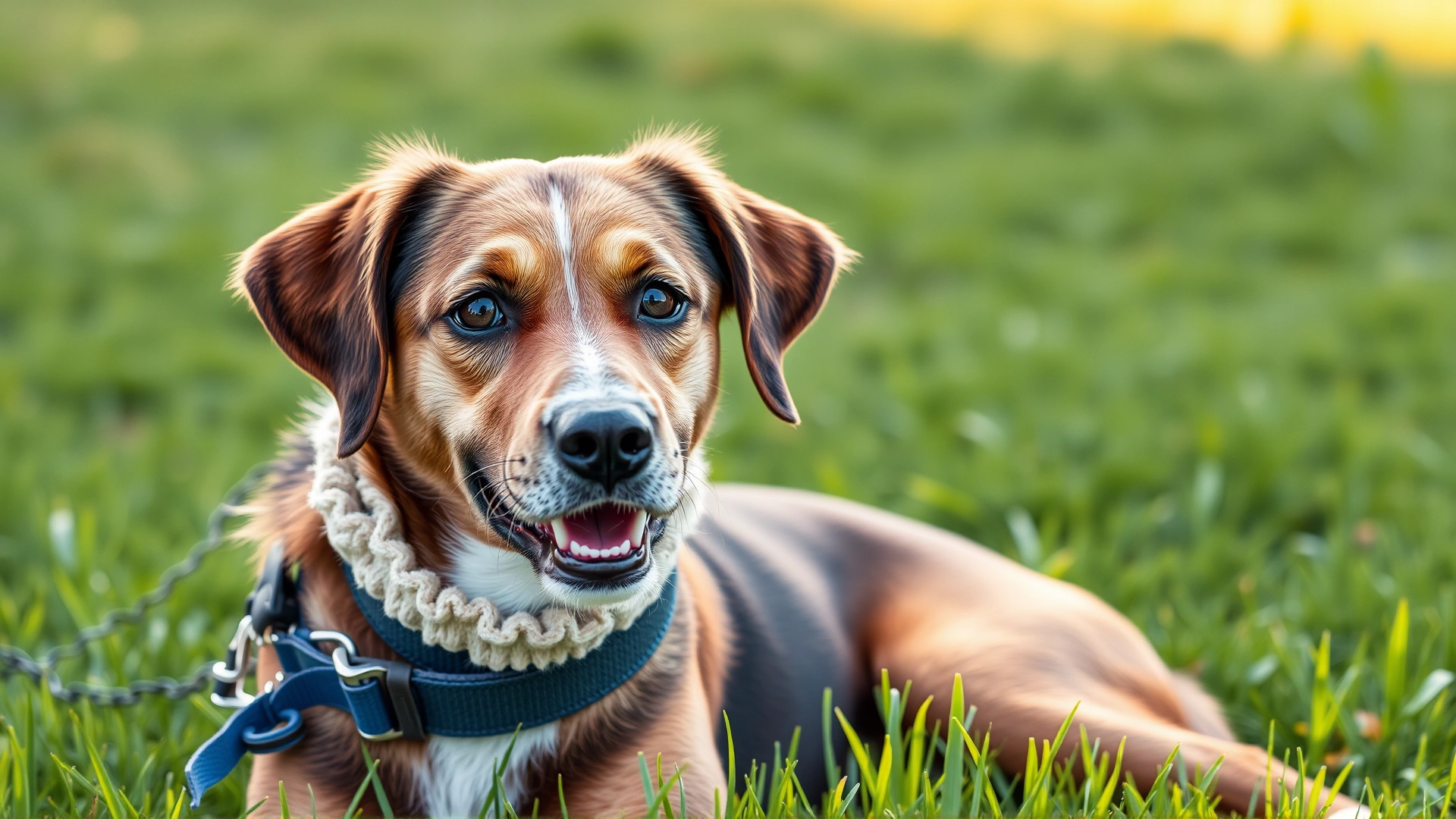 A cheerful recovered dog wearing a soft recovery collar, bright eyes looking at the camera while sitting outdoors on lush grass