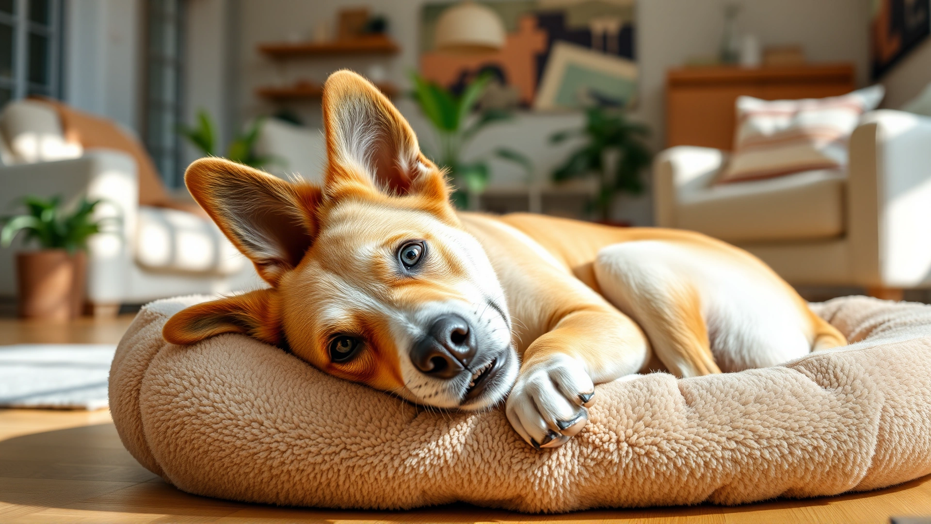 A cheerful mixed-breed dog relaxing on a plush dog bed in a sunlit living room, looking healthy and content
