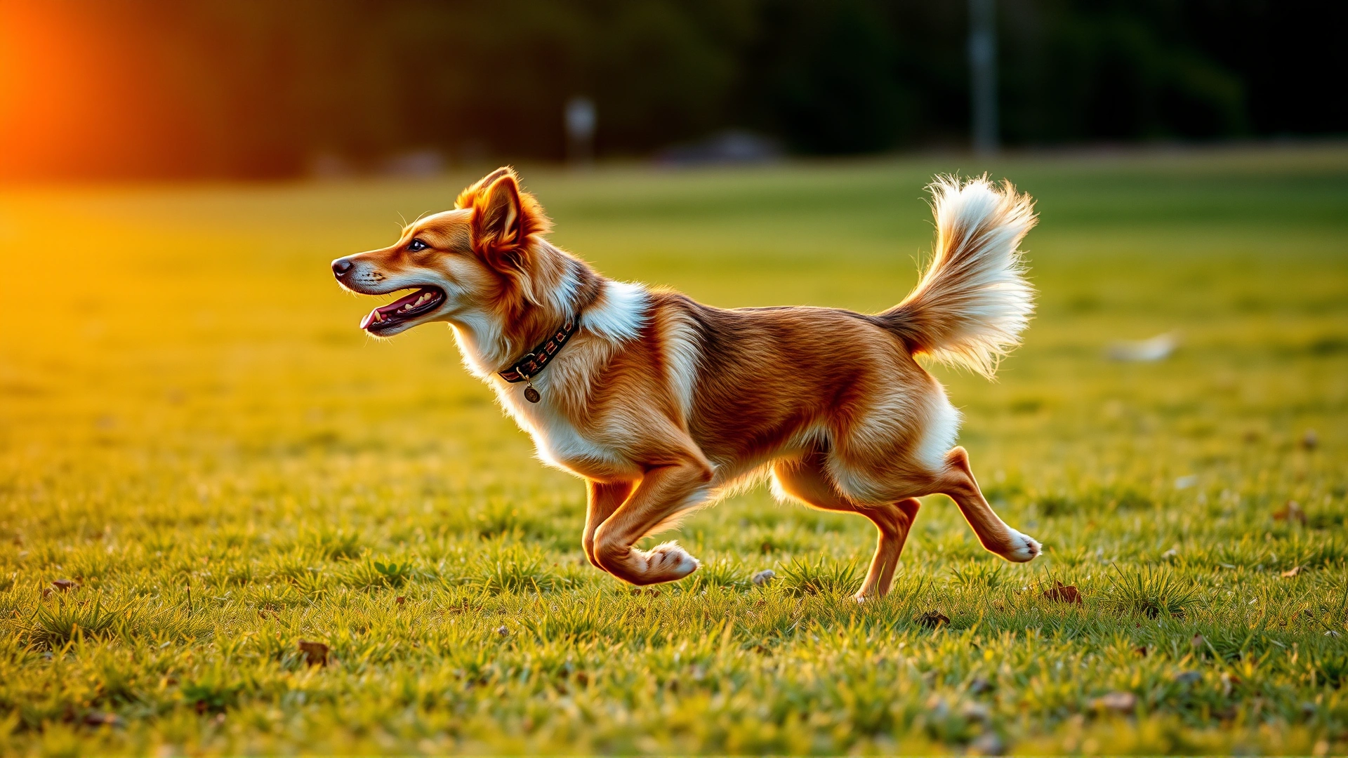 Adult dog with a full, wagging tail running joyfully across an open meadow at sunset, golden hour lighting