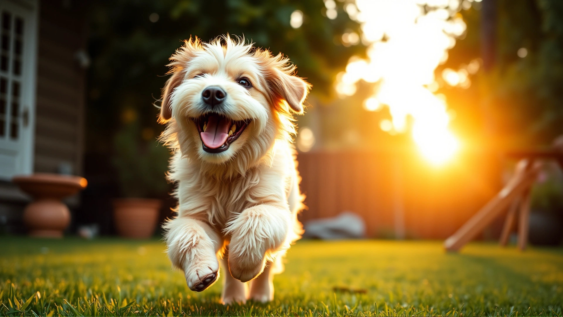 Happy healthy dog running and playing fetch in a backyard at sunset, conveying wellness and vitality.