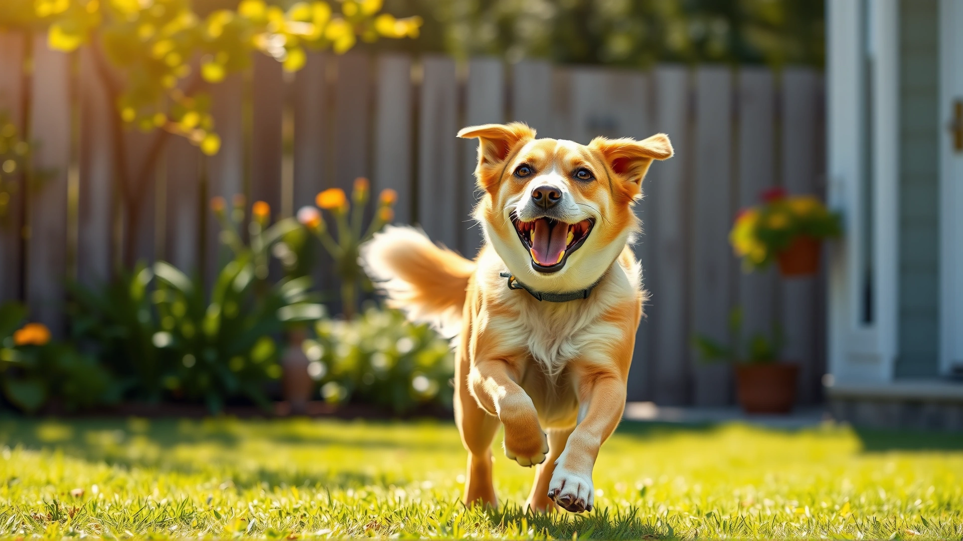 Healthy, playful dog running in a sunny backyard, symbolizing recovery.