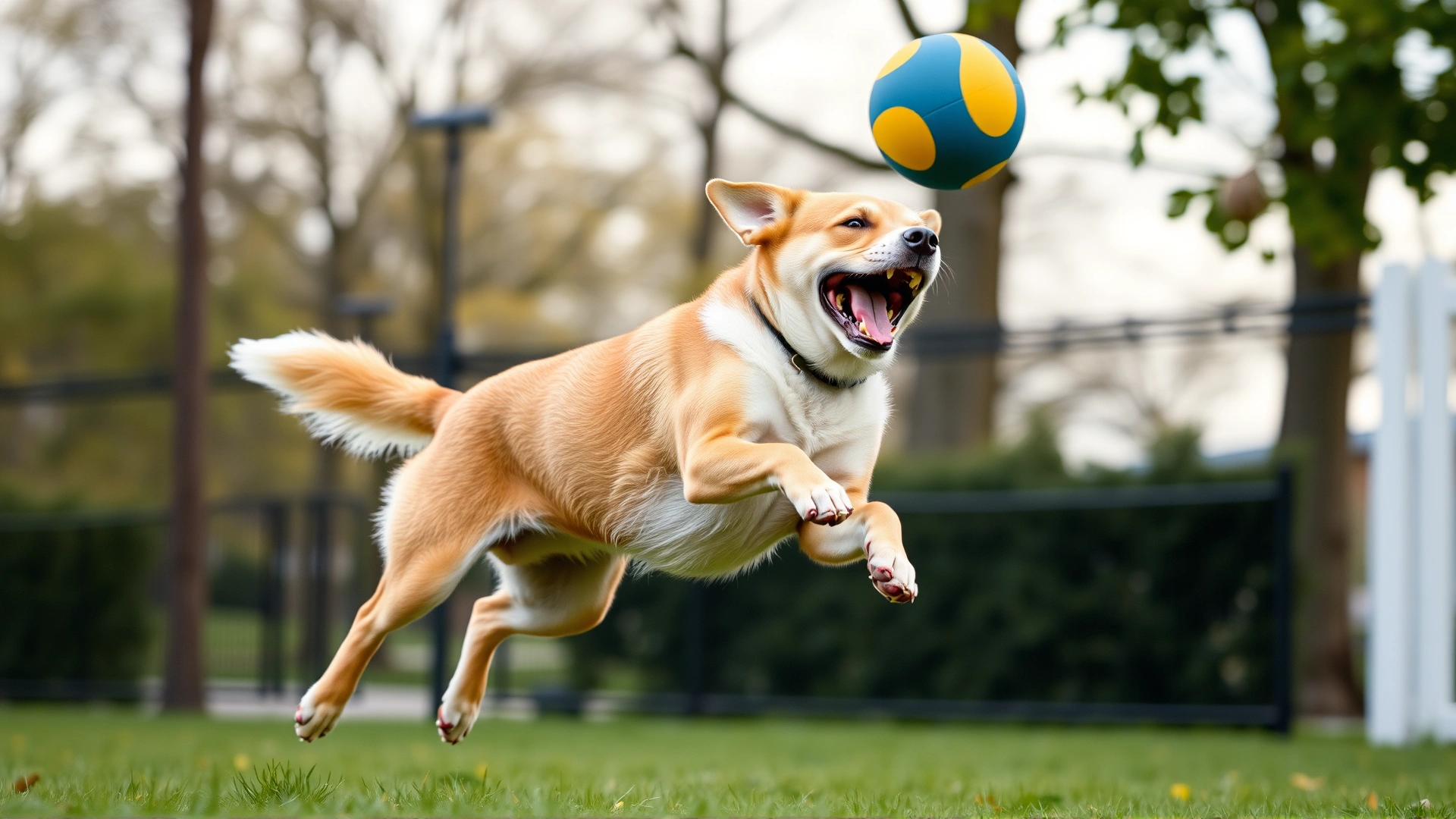 An active medium-sized dog joyfully fetching a ball in a park, captured mid-air to illustrate improved joint health