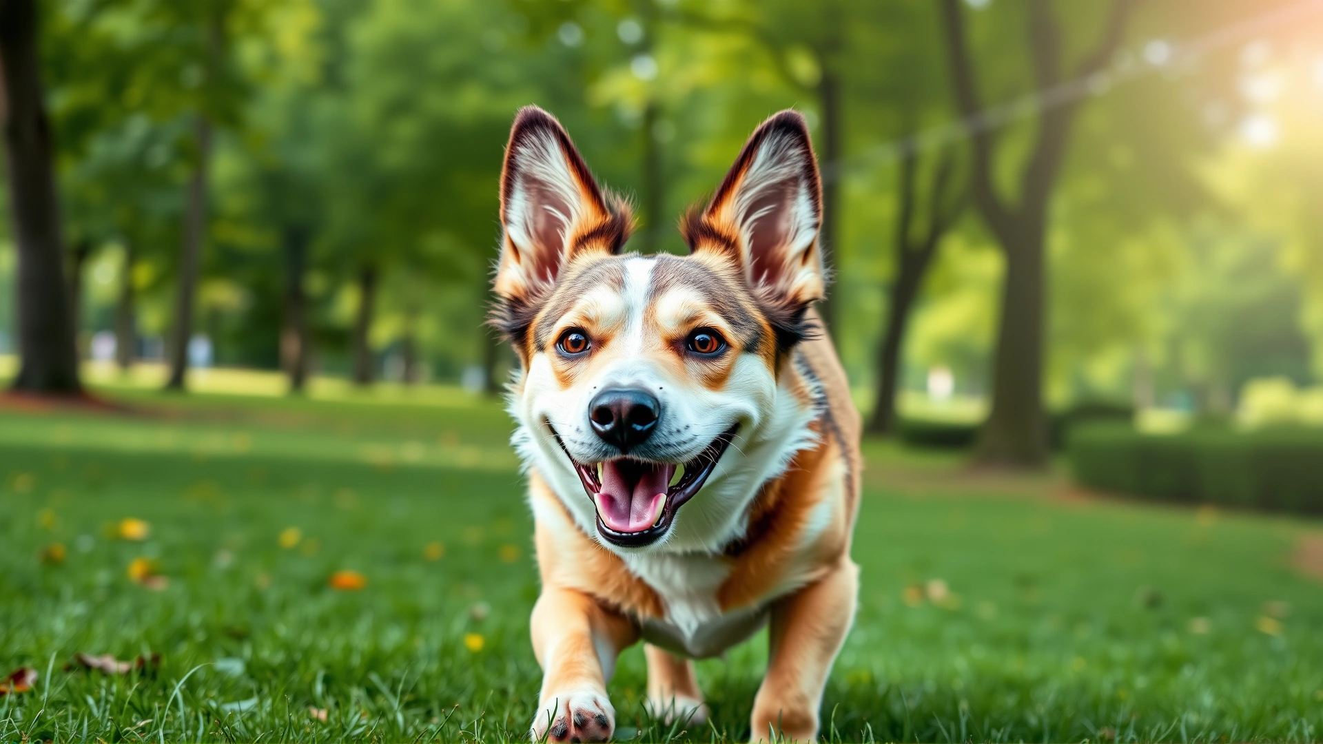 Smiling healthy dog with bright clear eyes running in a green park, representing successful treatment.