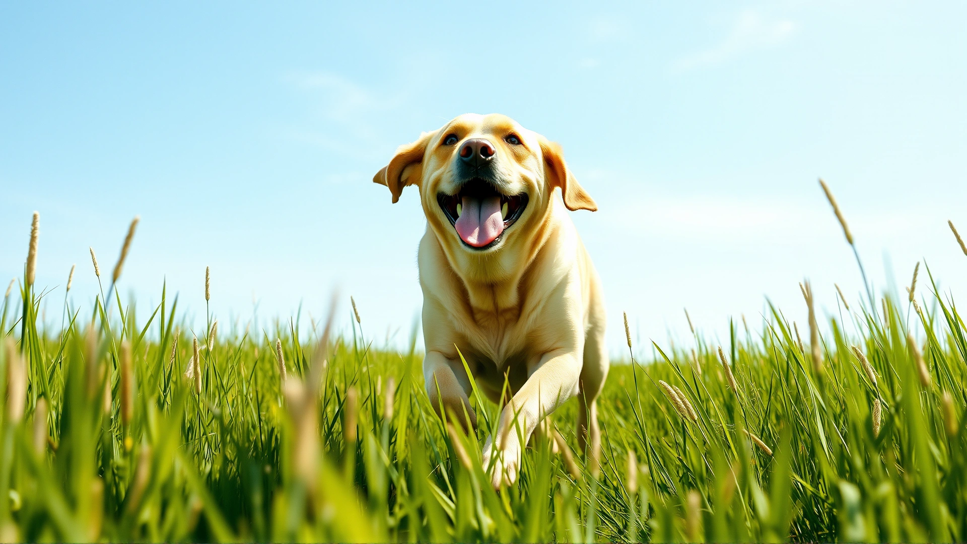 Joyful Labrador retriever running through a field of tall grass under a clear blue sky, symbolizing relief from allergies.