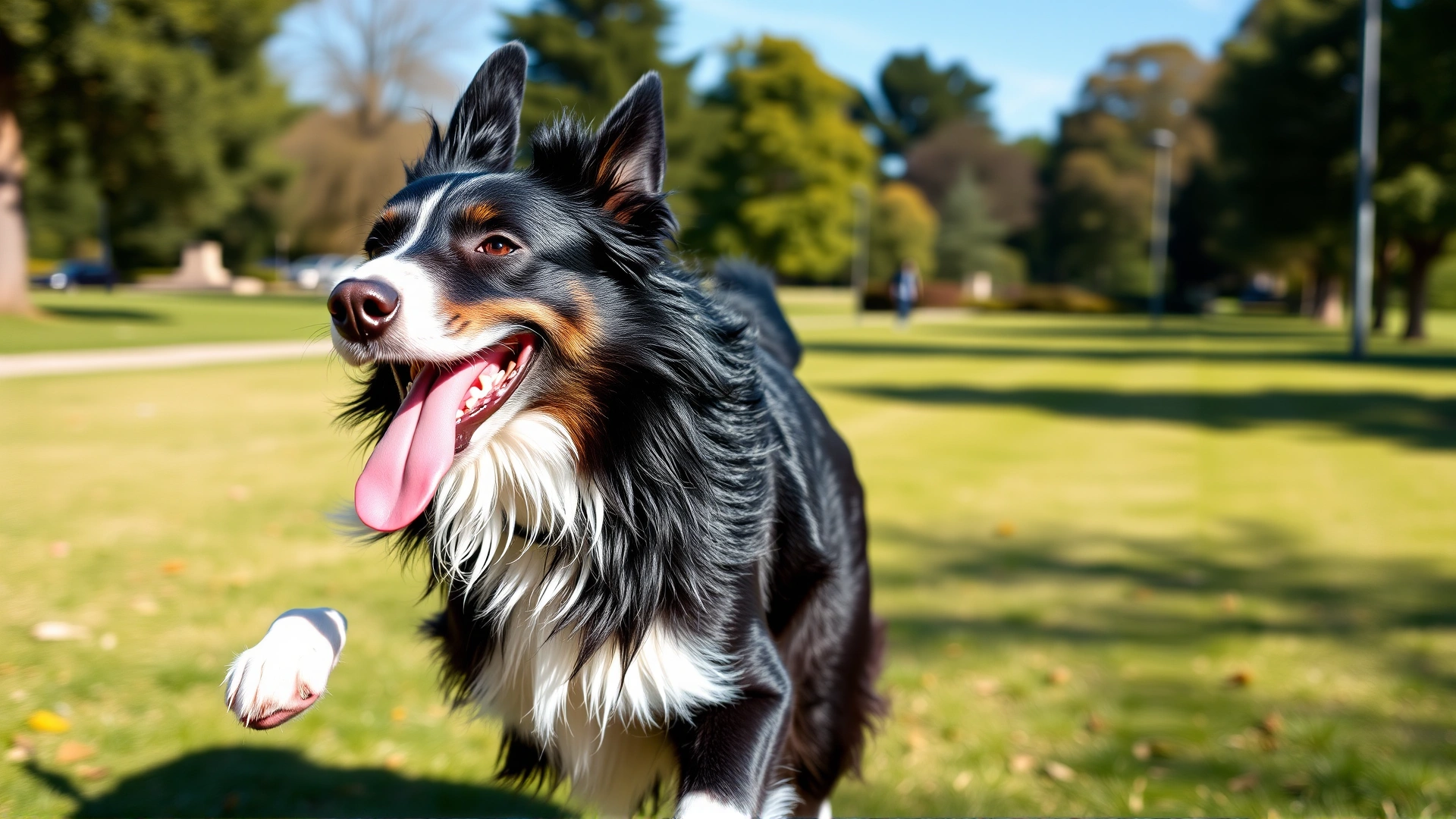 A joyful border collie running through a sunny park, tongue out and coat shiny, symbolizing life after successful allergy treatment