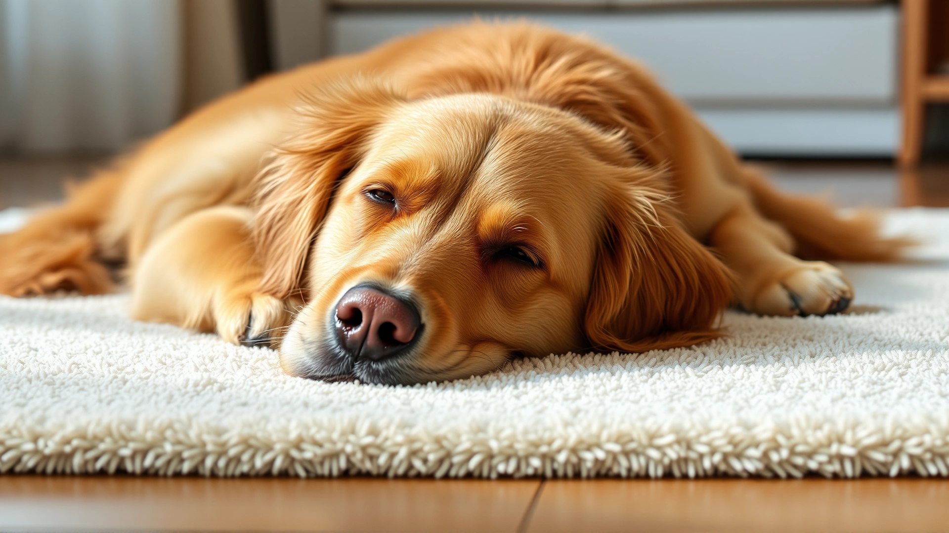 Golden retriever resting peacefully on a clean rug, looking relaxed and dry, signifying relief from urinary incontinence