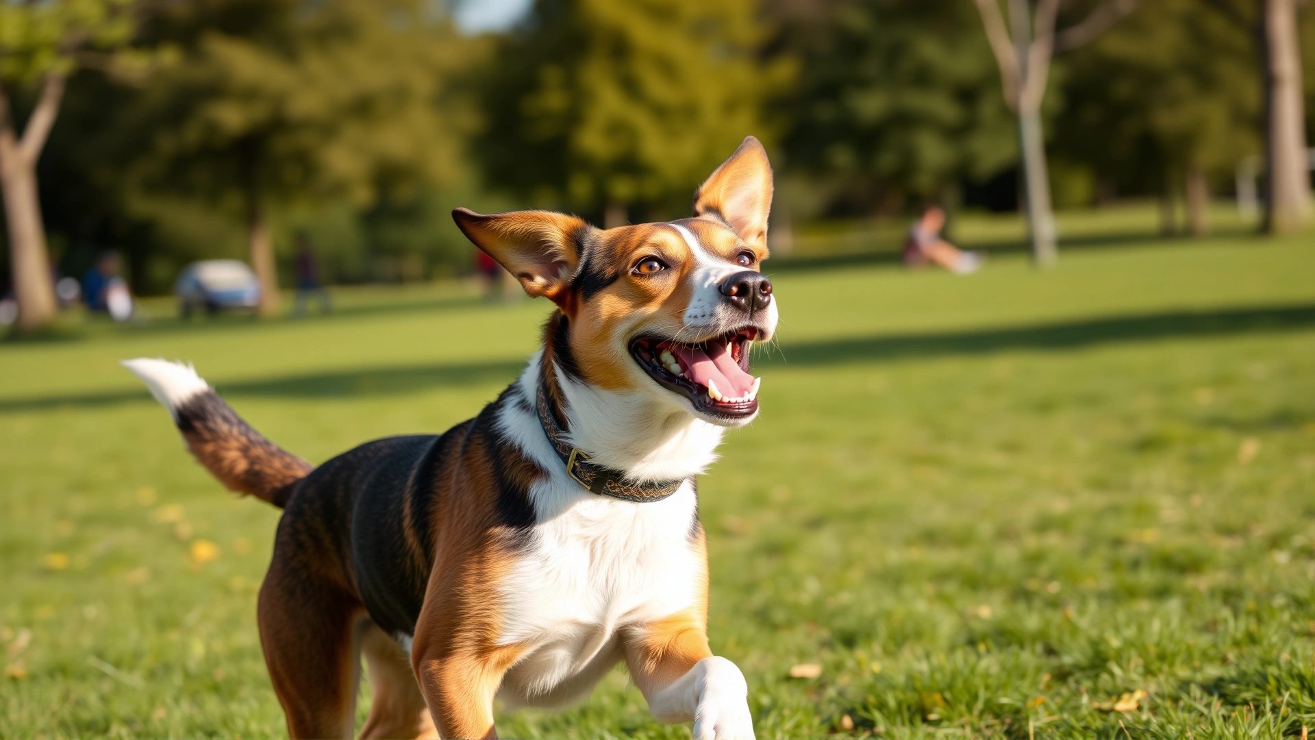 Energetic dog running in a sunny park, ears perked up and looking healthy and happy