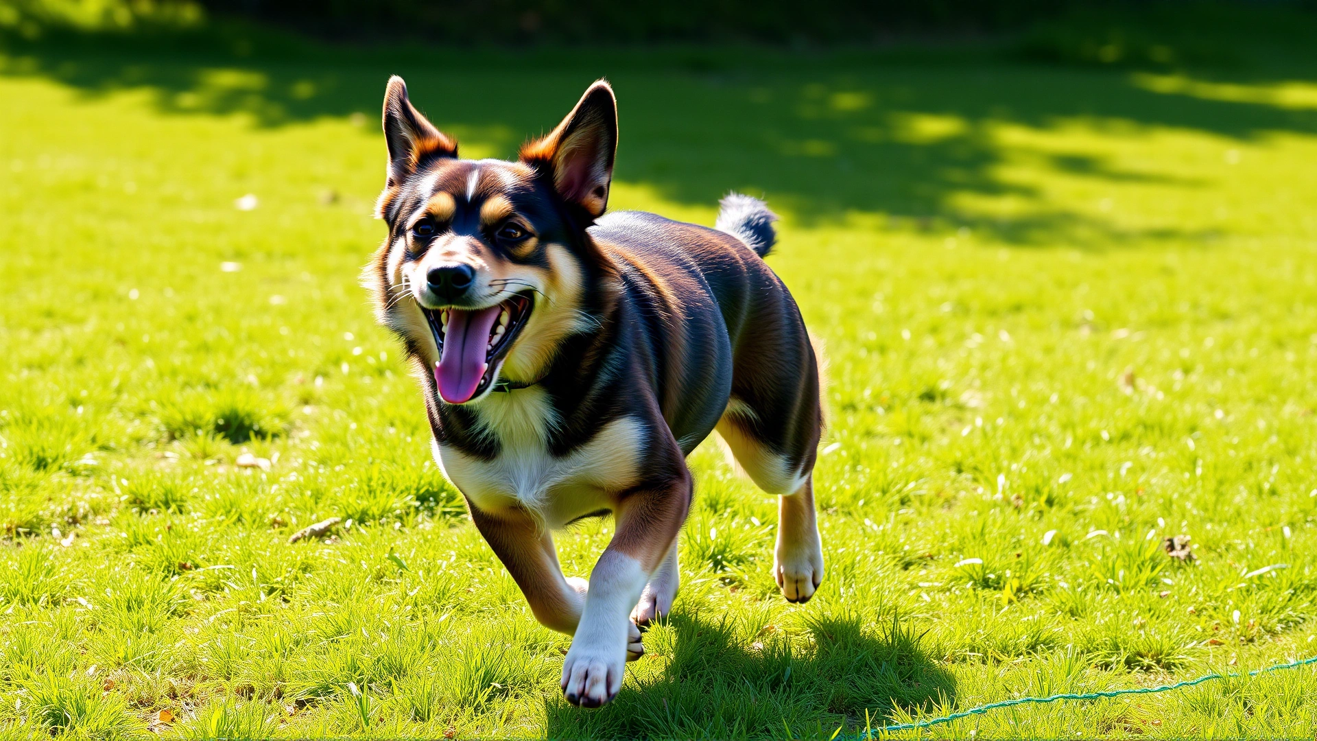 Playful dog running freely on green grass looking relieved and joyful, bright daylight, no text on image
