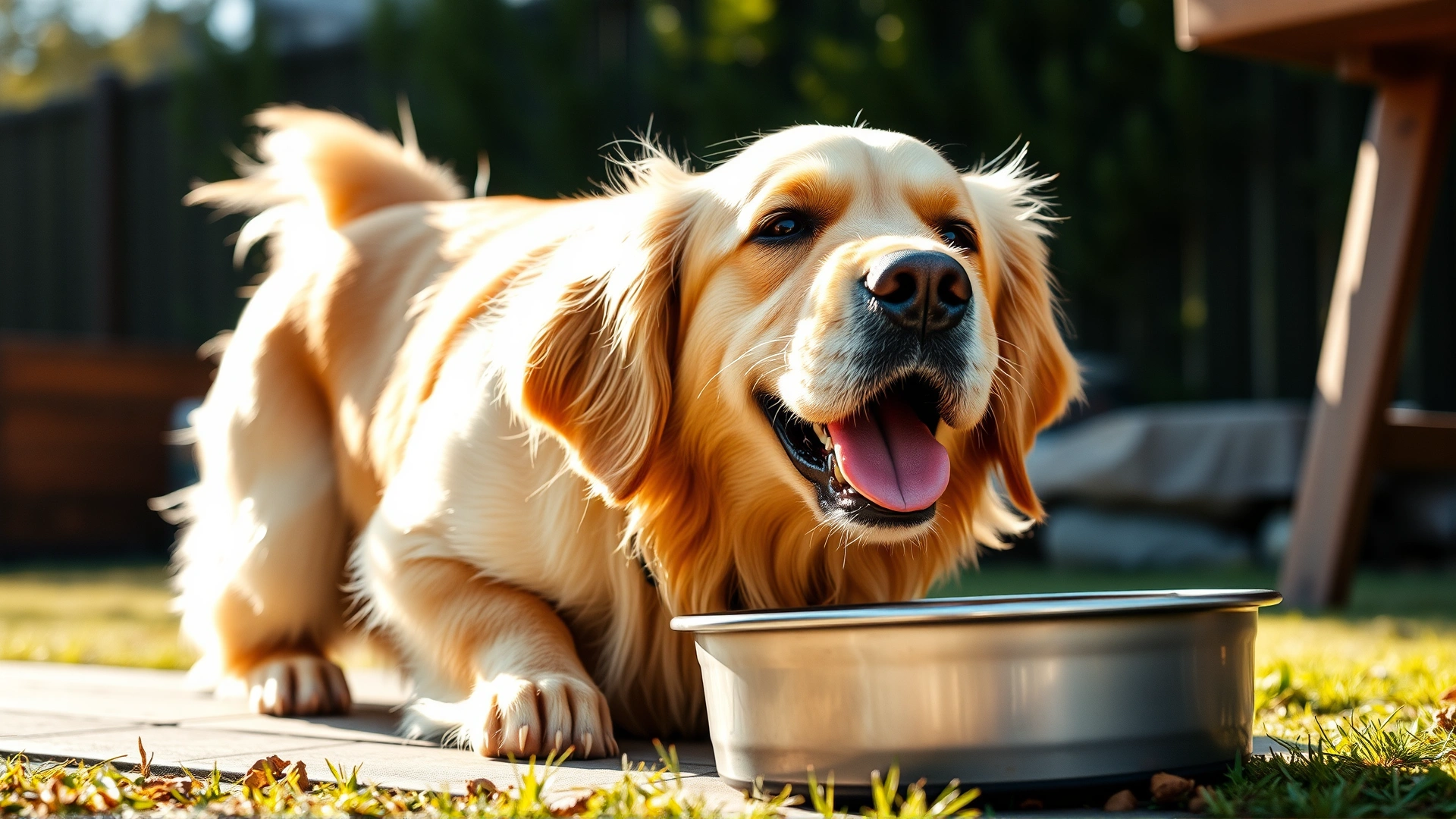Smiling golden retriever eagerly eating from a stainless steel food bowl outdoors under warm sunlight