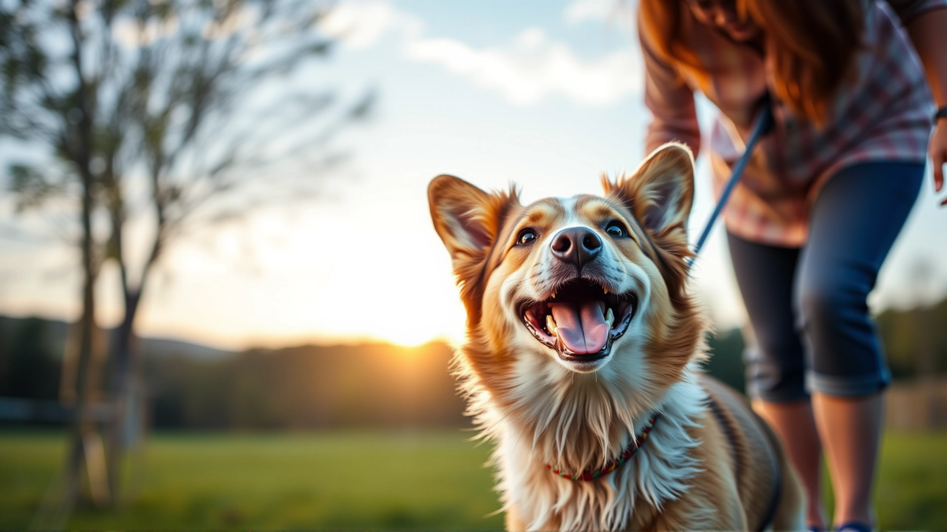 Smiling mixed-breed dog playing fetch with owner at sunrise, symbolizing improved quality of life after acupuncture