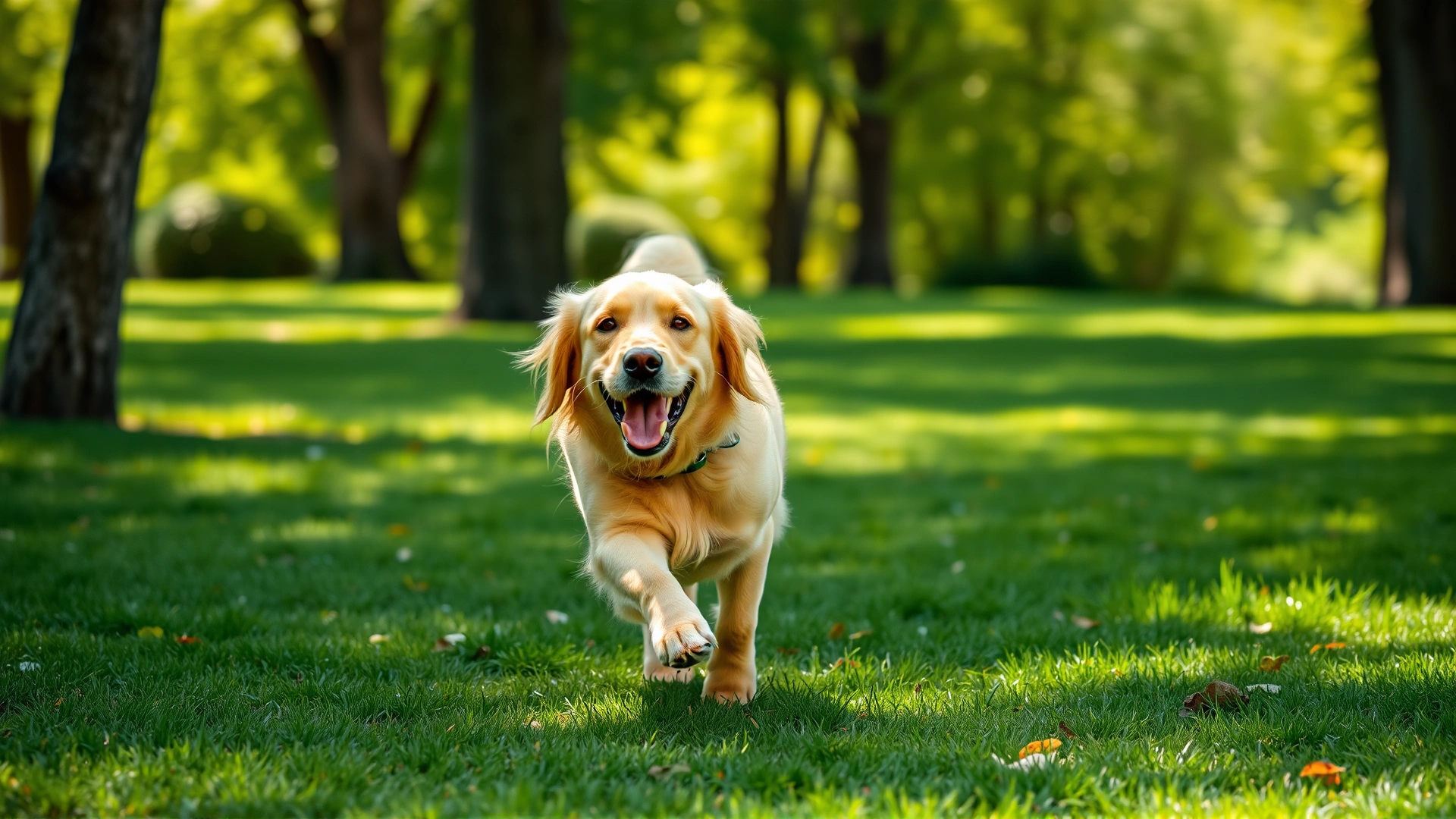 Golden retriever running freely in a sunny green park, looking joyful and carefree