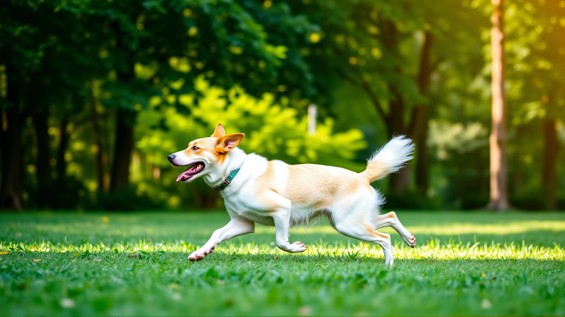 Medium shot of a healthy adult dog running in a green park on a sunny day, symbolizing improved quality of life after treatment.
