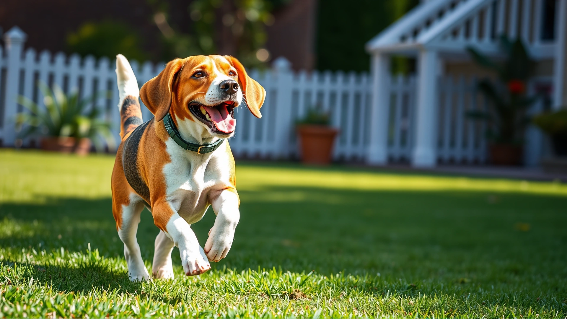 Energetic beagle running joyfully across a sunny backyard lawn, symbolizing a healthy and protected dog.