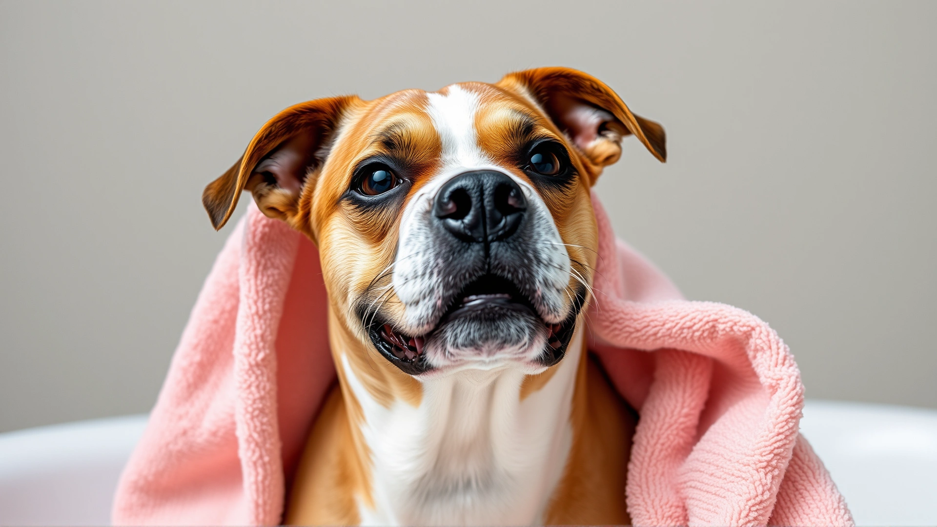 Portrait of a freshly bathed dog wrapped in a soft towel, looking content and clean, neutral indoor background