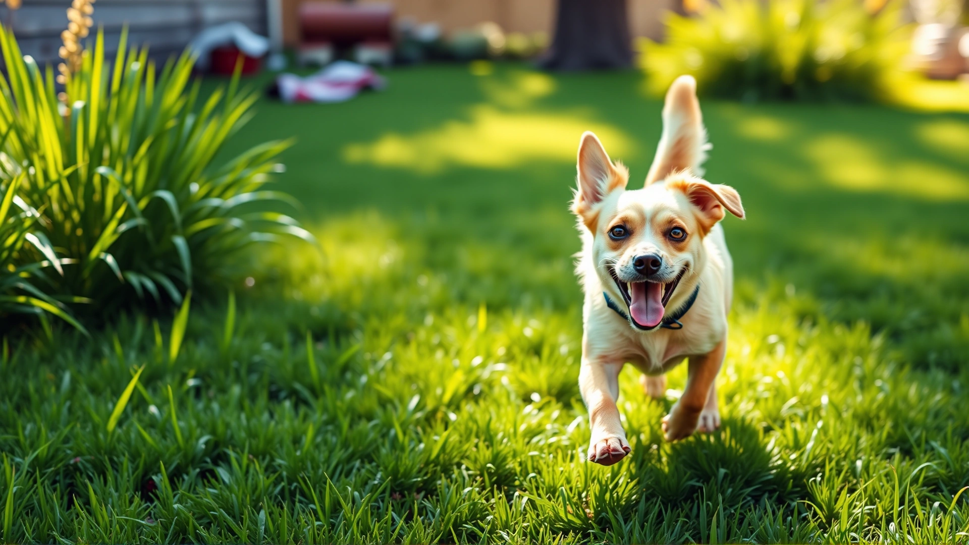 Healthy, happy dog running in a sunlit backyard free of fleas, vibrant green grass, no text