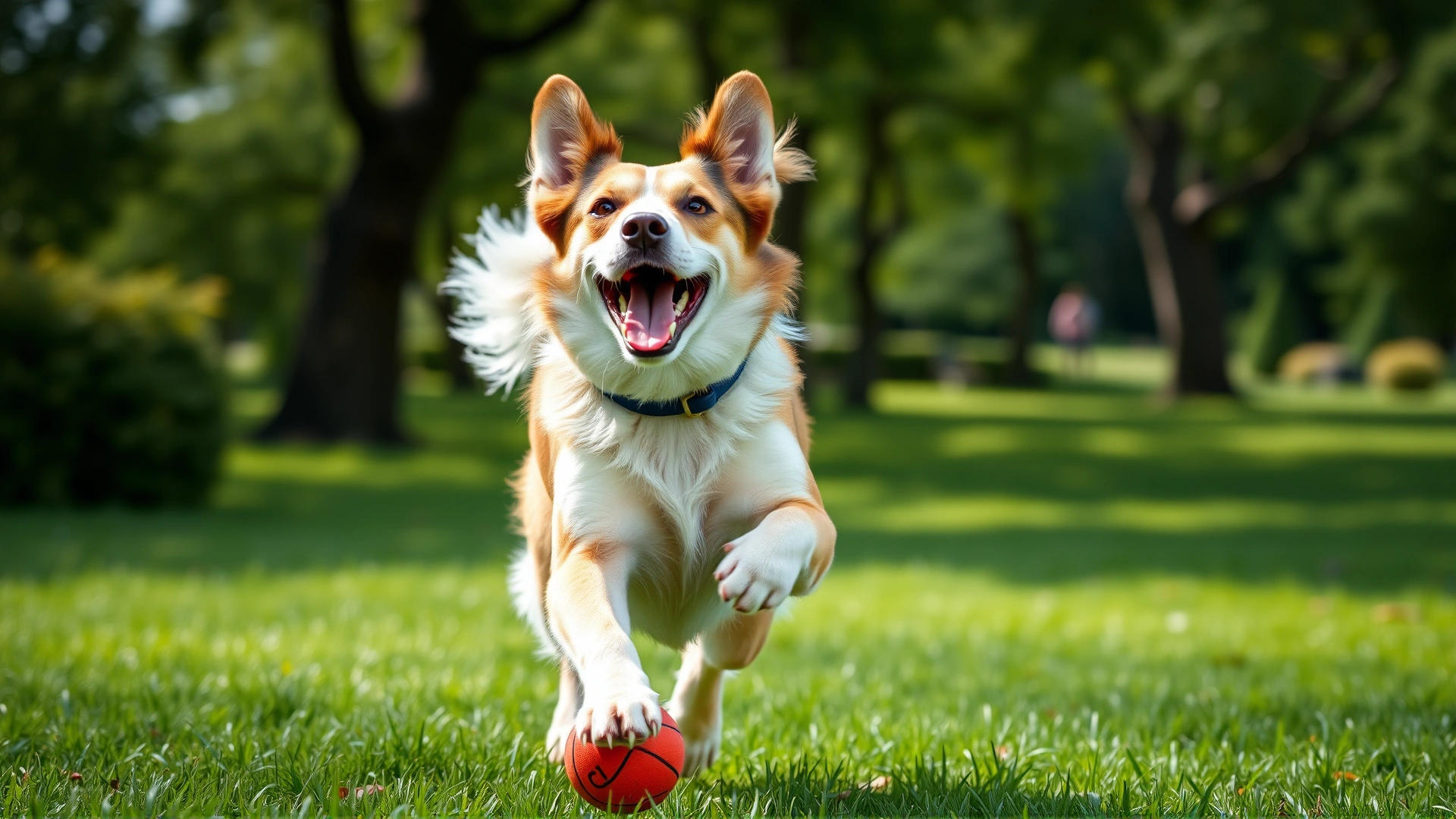 Cheerful recovered dog running through a sunny green park carrying a ball, motion blur on paws, vibrant colors, joyful atmosphere