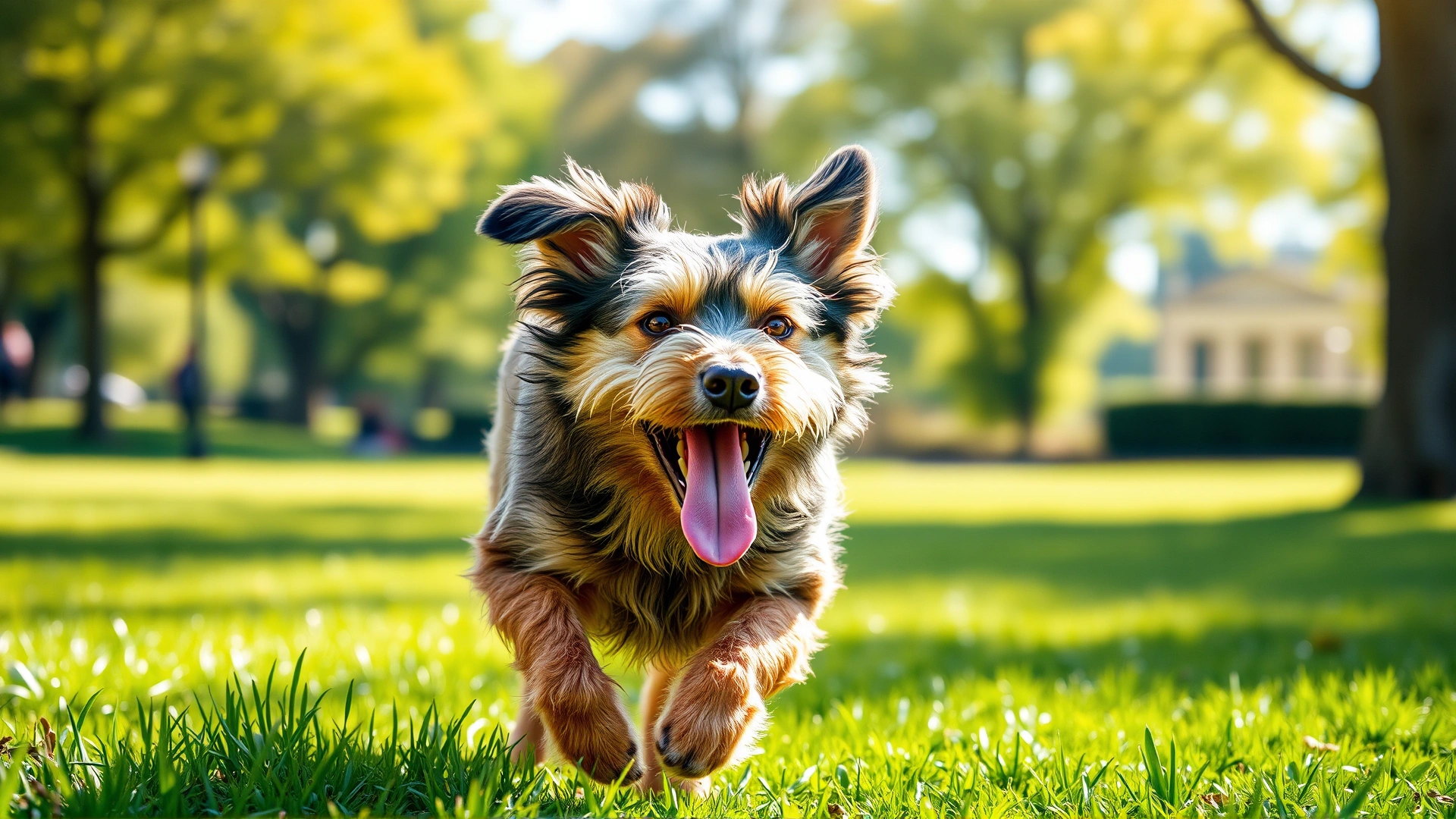 Recovered dog running happily in a sunny park with green grass, blurred background