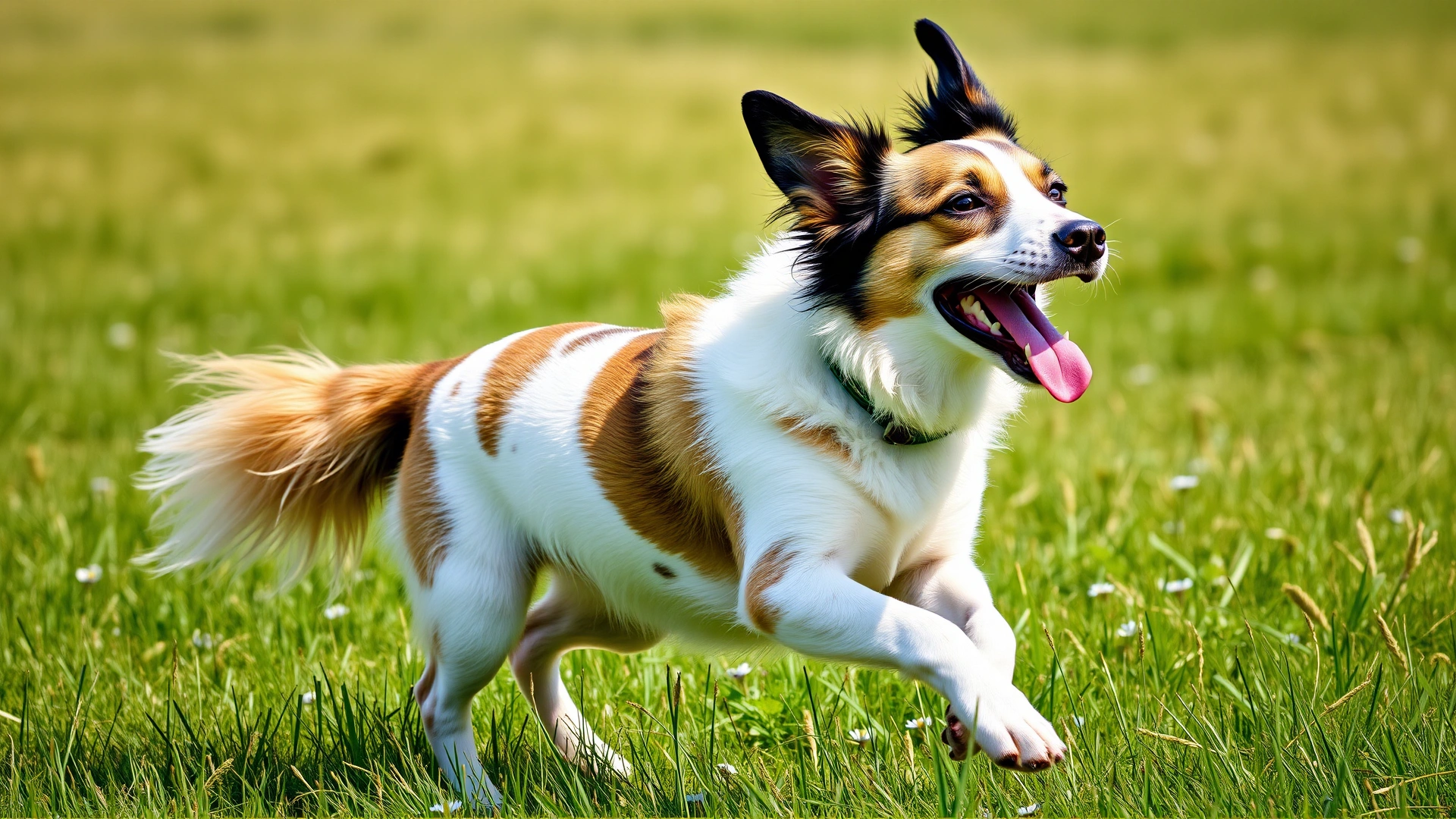 Recovered female dog running in a green meadow with a joyful expression, bright daylight.