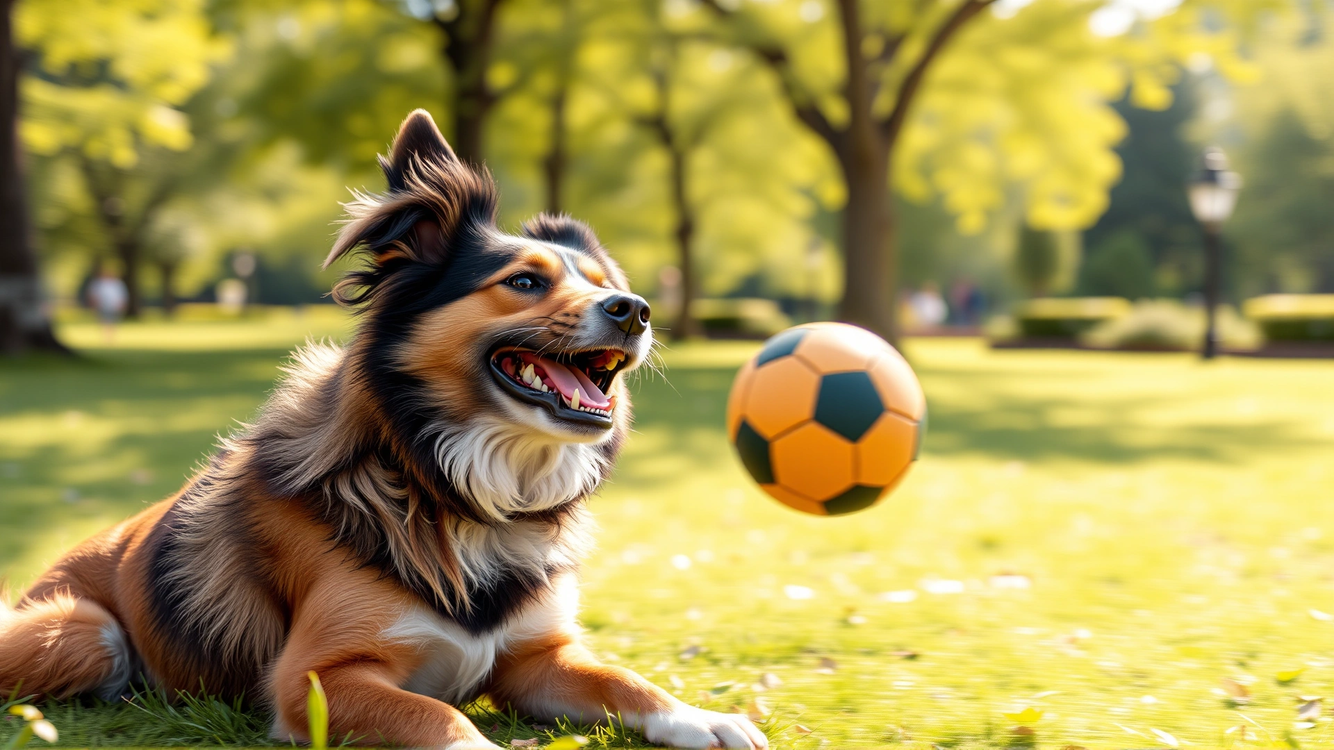 Happy recovered dog playing fetch with a ball in a sunny green park, motion blur on background