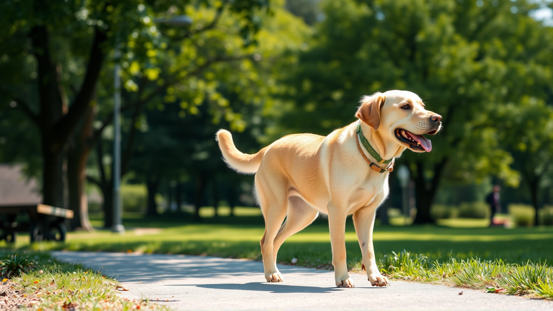 An elderly labrador retriever walking comfortably in a park after therapy, tail wagging, sunny day