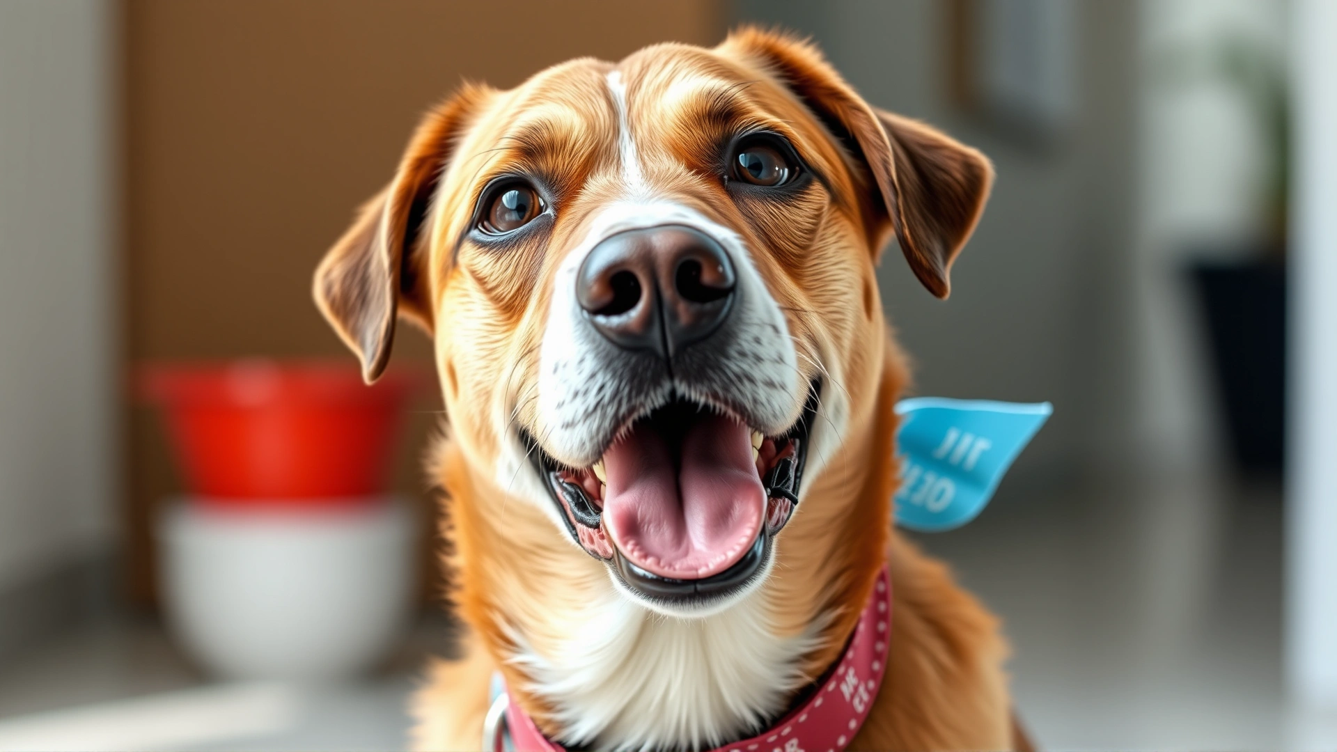 Portrait of a healthy dog wearing a light blue bandana, looking content after vet visit, soft natural light, no text