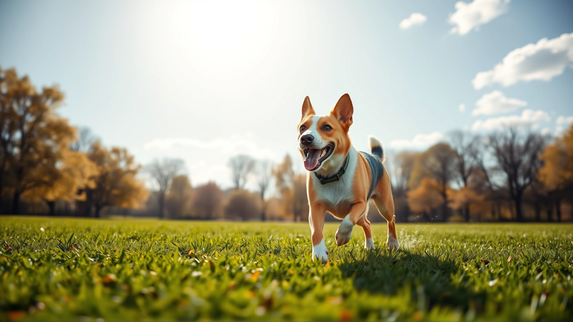 Joyful dog running across a sunny park field with a bright sky, wearing a collar; represents recovery and return to normal life after successful treatment.