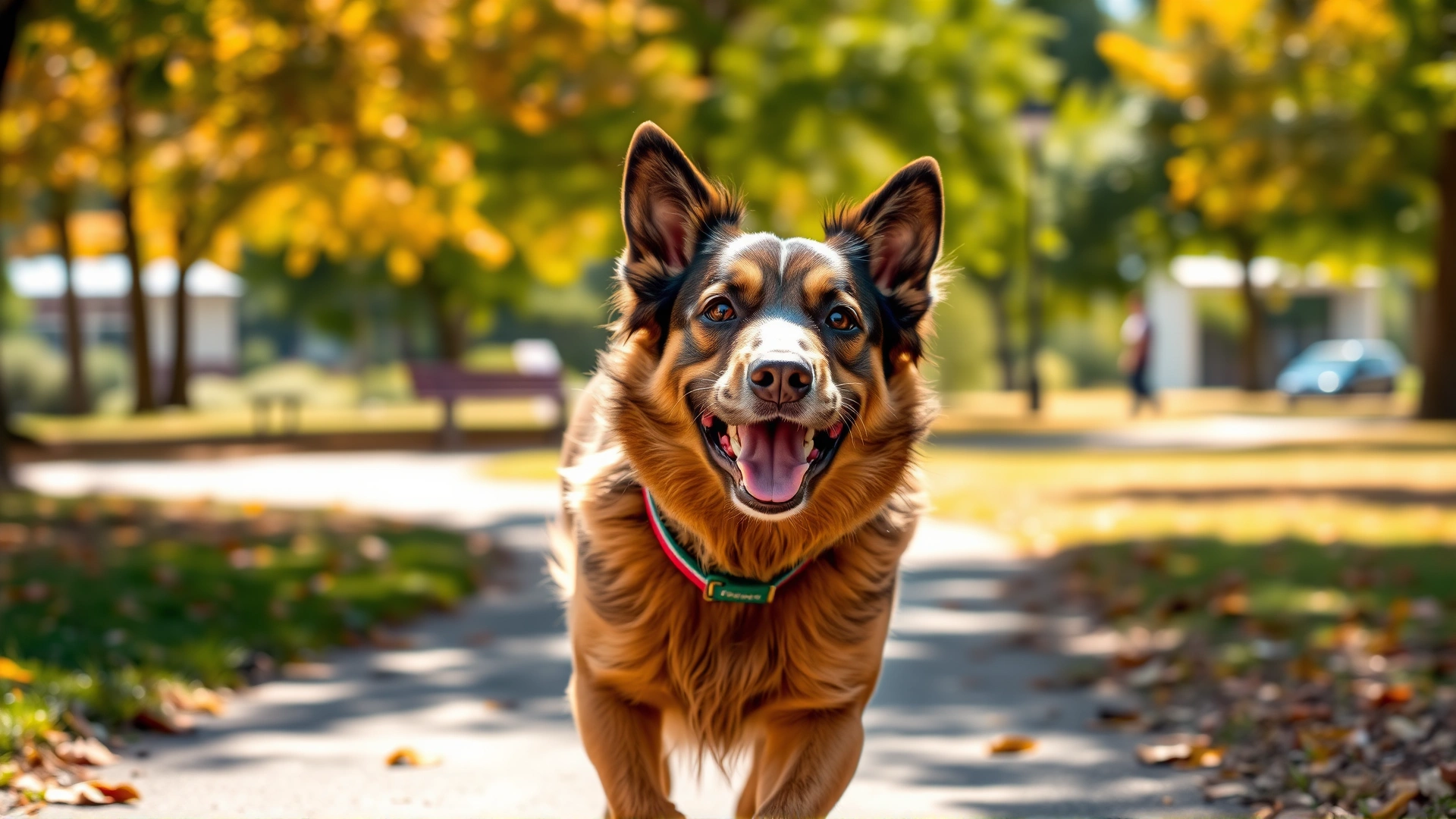 Outdoor shot of a happy, healthy dog running in a park on a sunny day, vibrant colors.