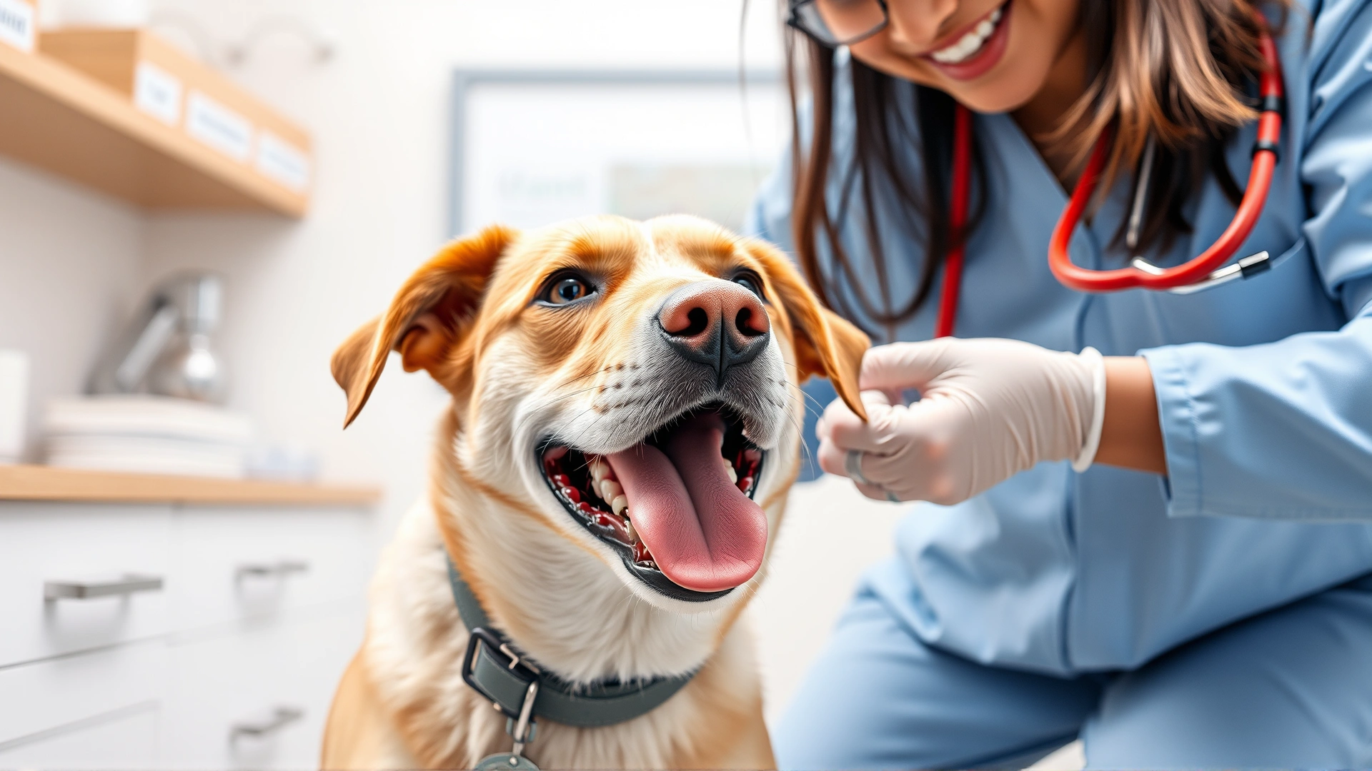 A happy dog at a veterinary clinic receiving a check-up from a friendly veterinarian, bright clean environment.