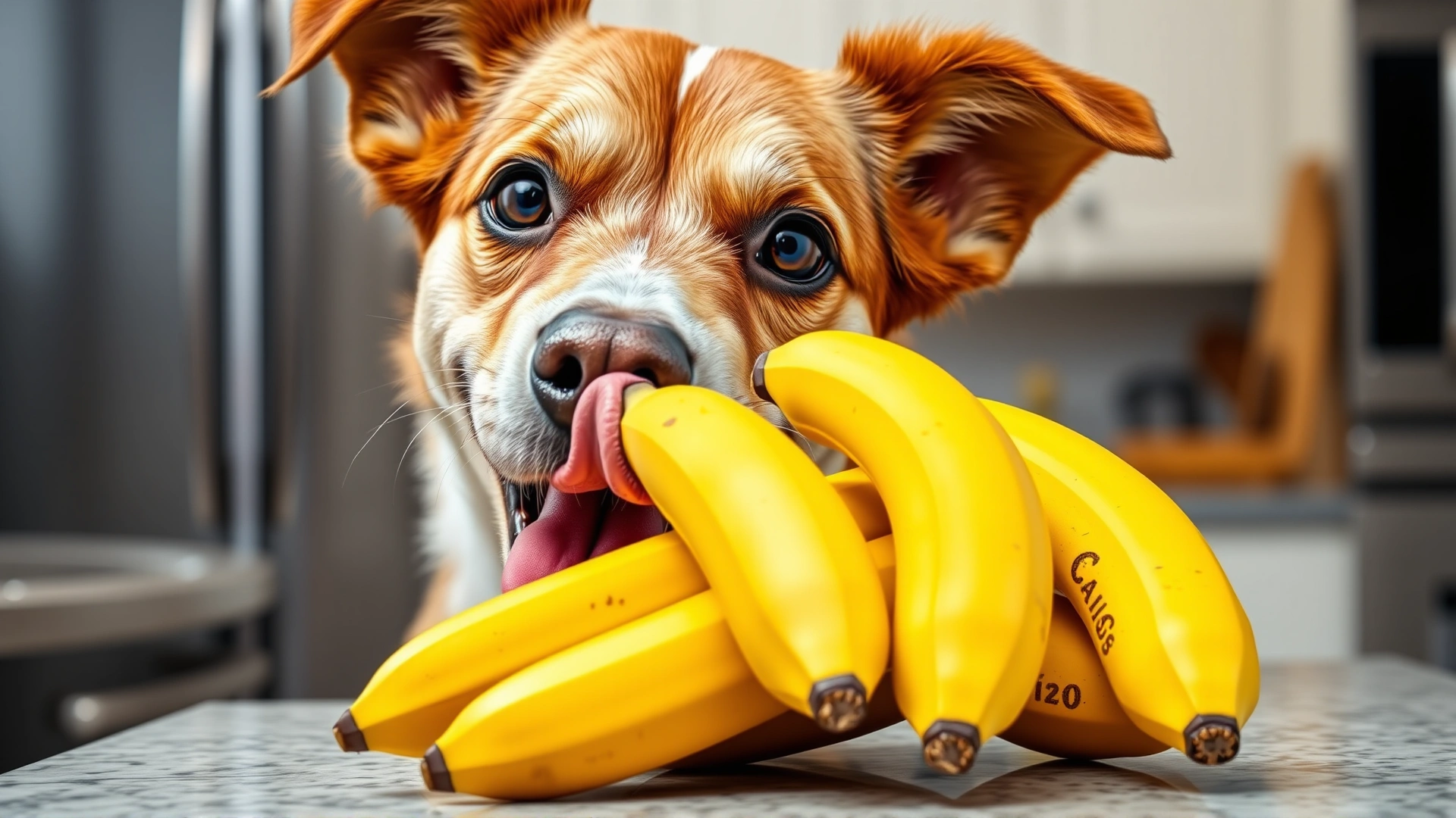 Close-up of an excited dog with its tongue out, looking at a bunch of ripe bananas on a countertop, bright cheerful lighting, no text.