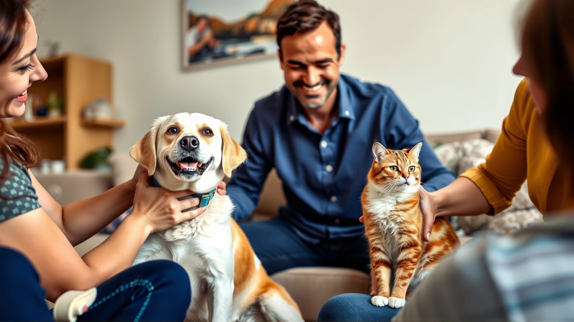 Cheerful scene of a family in a living room petting a dog and a cat, both wearing Seresto collars, showing harmony and comfort.