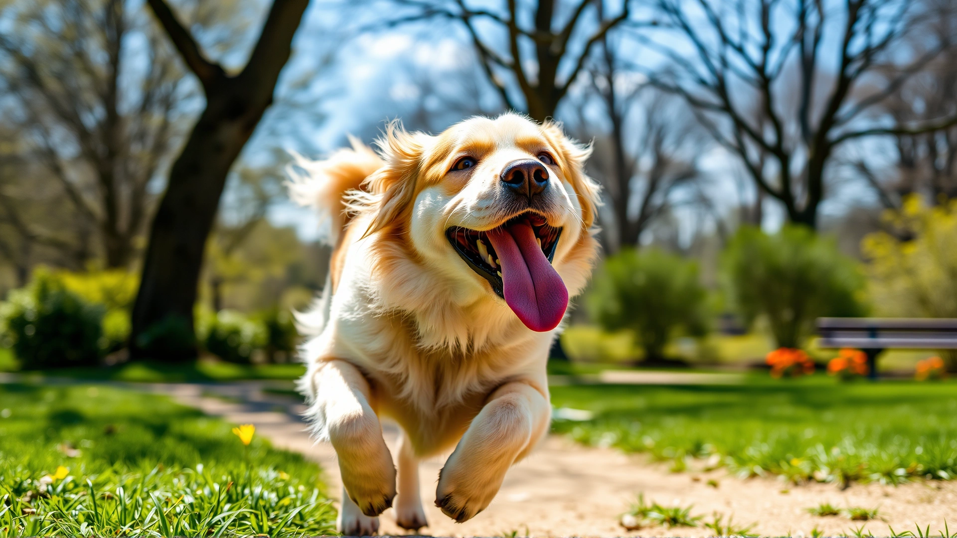Healthy, happy dog running in a sunny park after successful treatment, fur gleaming and tongue out.