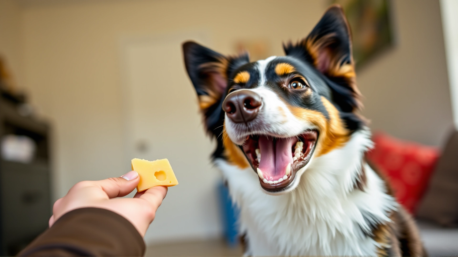 Smiling Border Collie receiving a small cube of cheese from owner's hand, indoor setting, shallow depth of field, no text.
