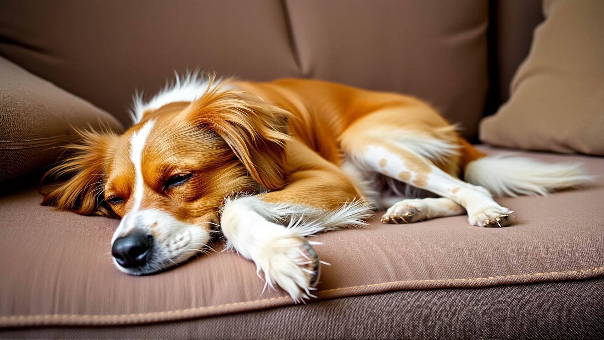Content dog lying on a clean couch without scratching, showing relief after flea treatment
