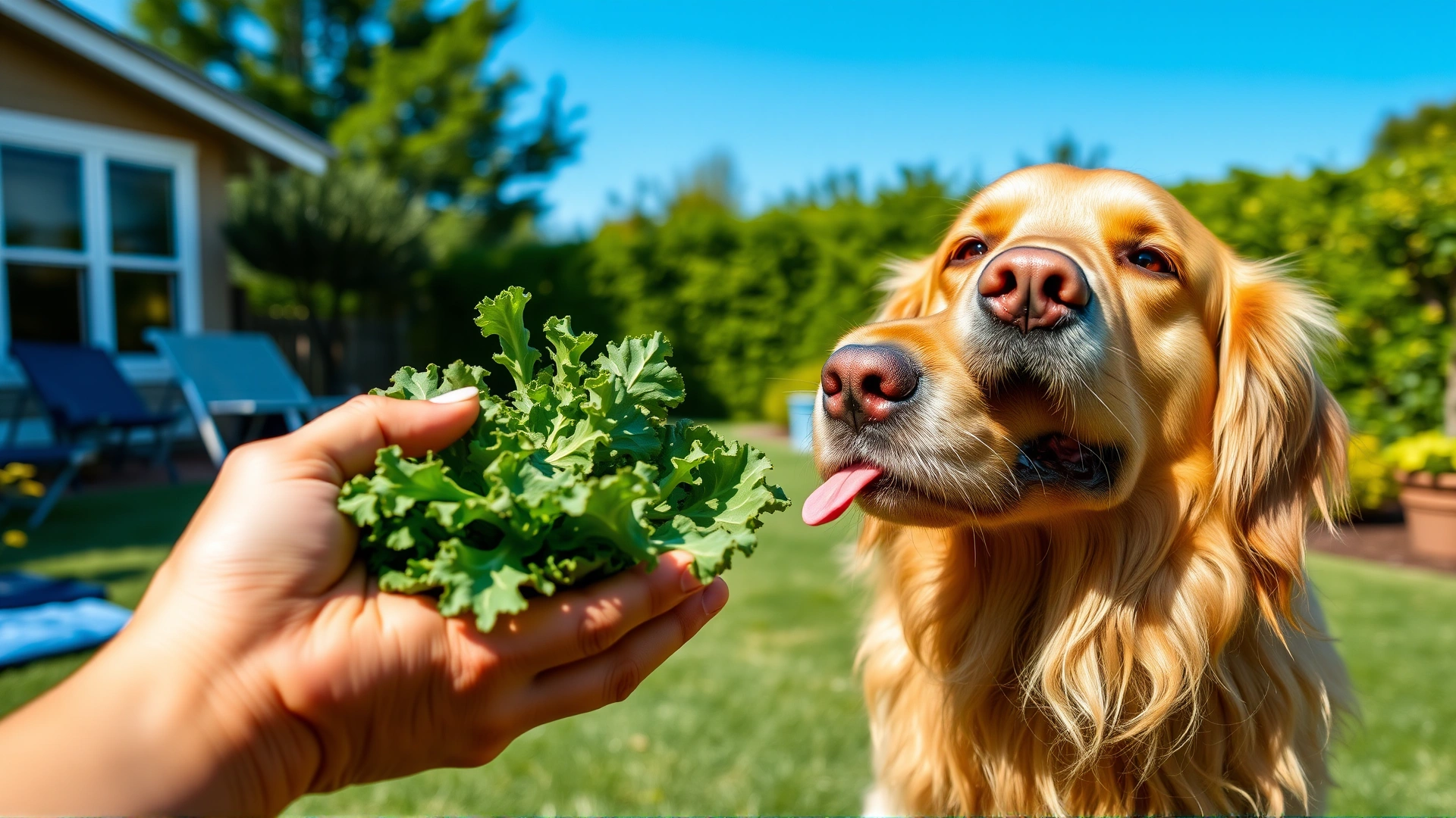 Playful golden retriever sniffing a handful of kale held by its owner in a sunny backyard, candid moment, no text